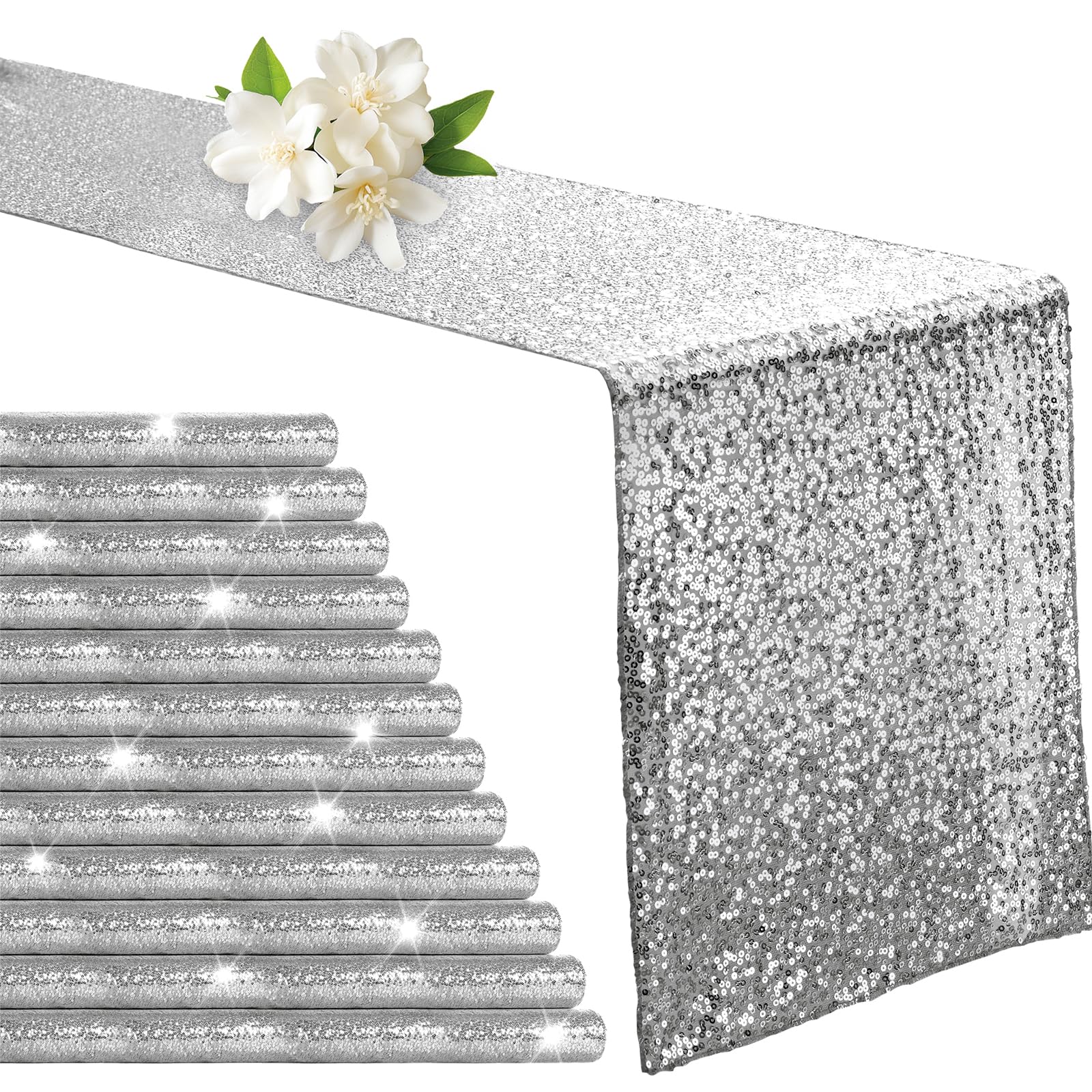 Aormenzy 12 Pack Silver Sequin Table Runner 12" x 72", Glitter Sparkle Sequin Runners for Birthday Party Wedding Banquet & Baby Shower, Party Table