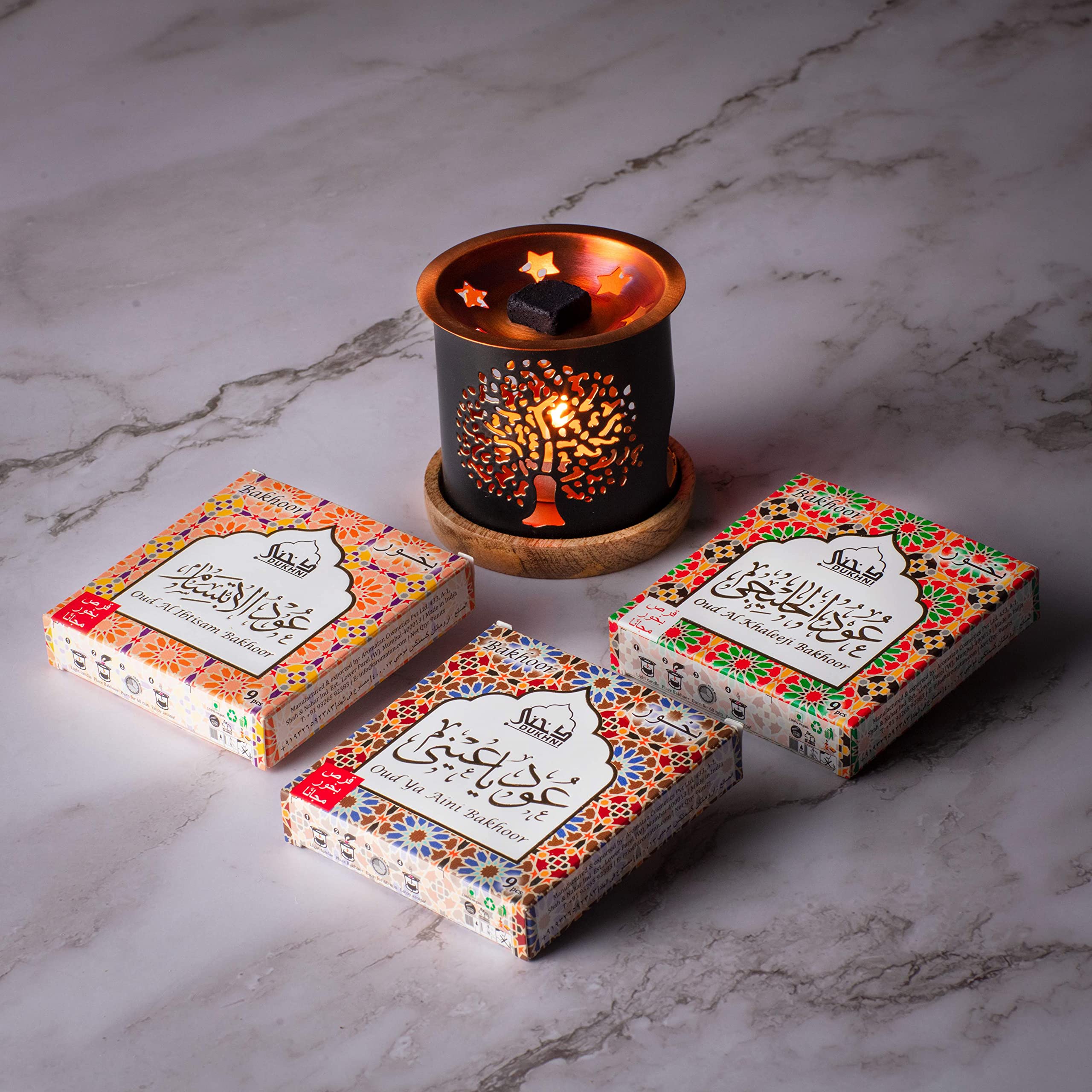 Buy Oud Ya Aini, Oud Al Khaleeji, Oud Al Ibtisam Bakhoor Set عود بخور و مبخرشمعدان by Dukhni 3