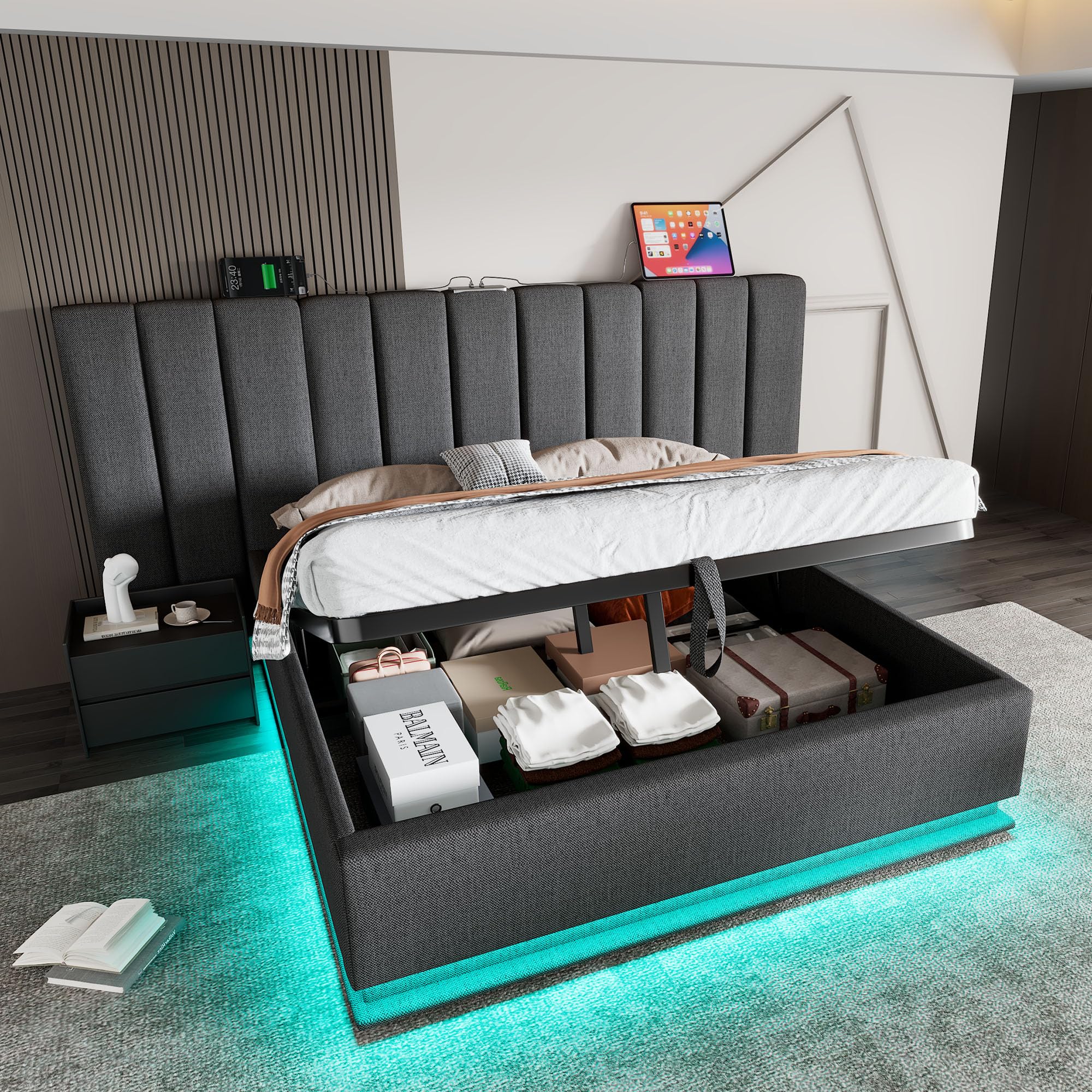 Zepneiy Lit Double 180x200 avec LED et USB, Lit Coffre 180x200 avec Espace de Rangement et tête de, avec sommier à Lattes, Cadre de Rembourré Gris(sans Matelas)