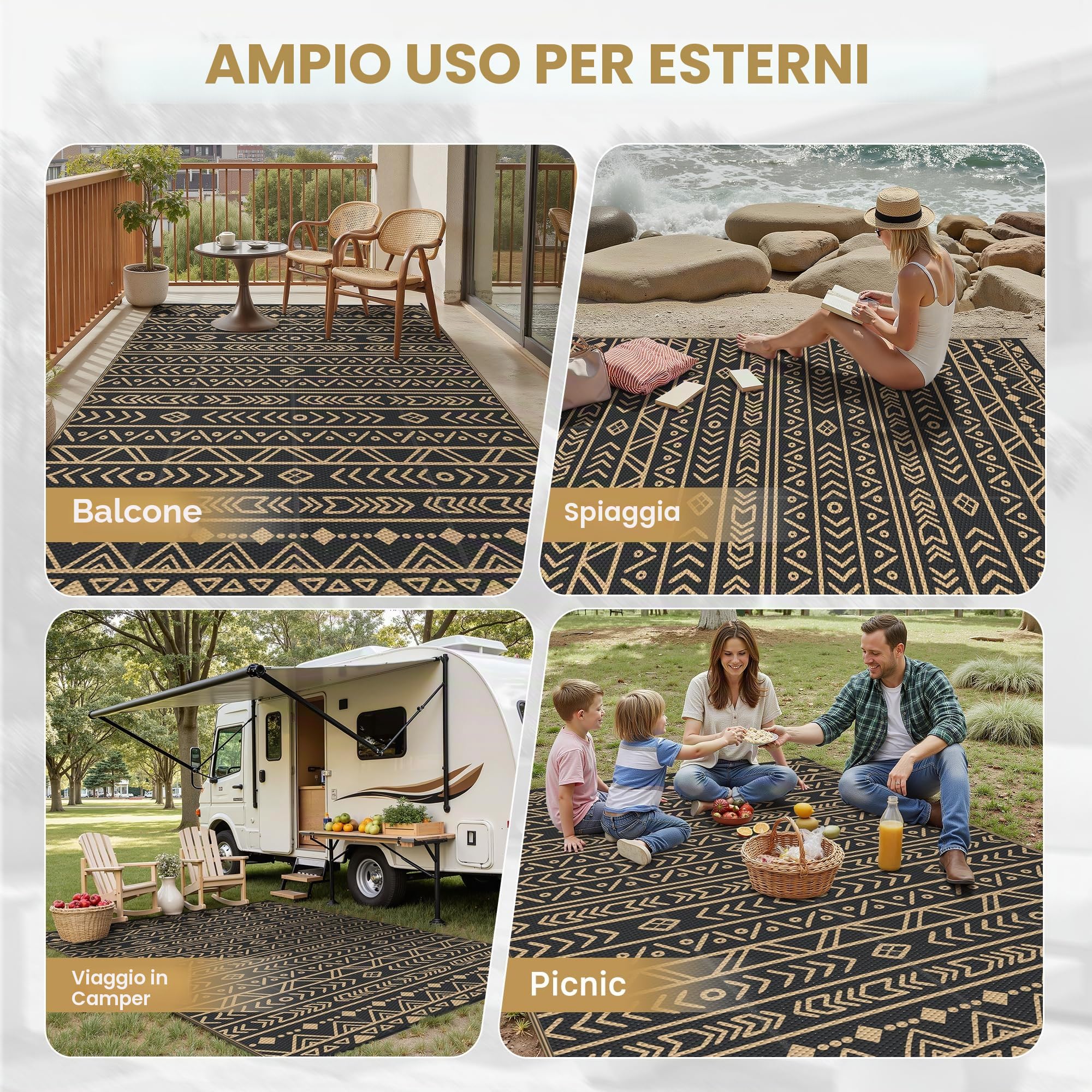 Genimo Tappeto da Esterno Impermeabile Eeversibile Lavabile Plastica, Terrazza, Giardino, Camper, Picnic, Balcone, Boho Nero Marrone, 275x365 cm