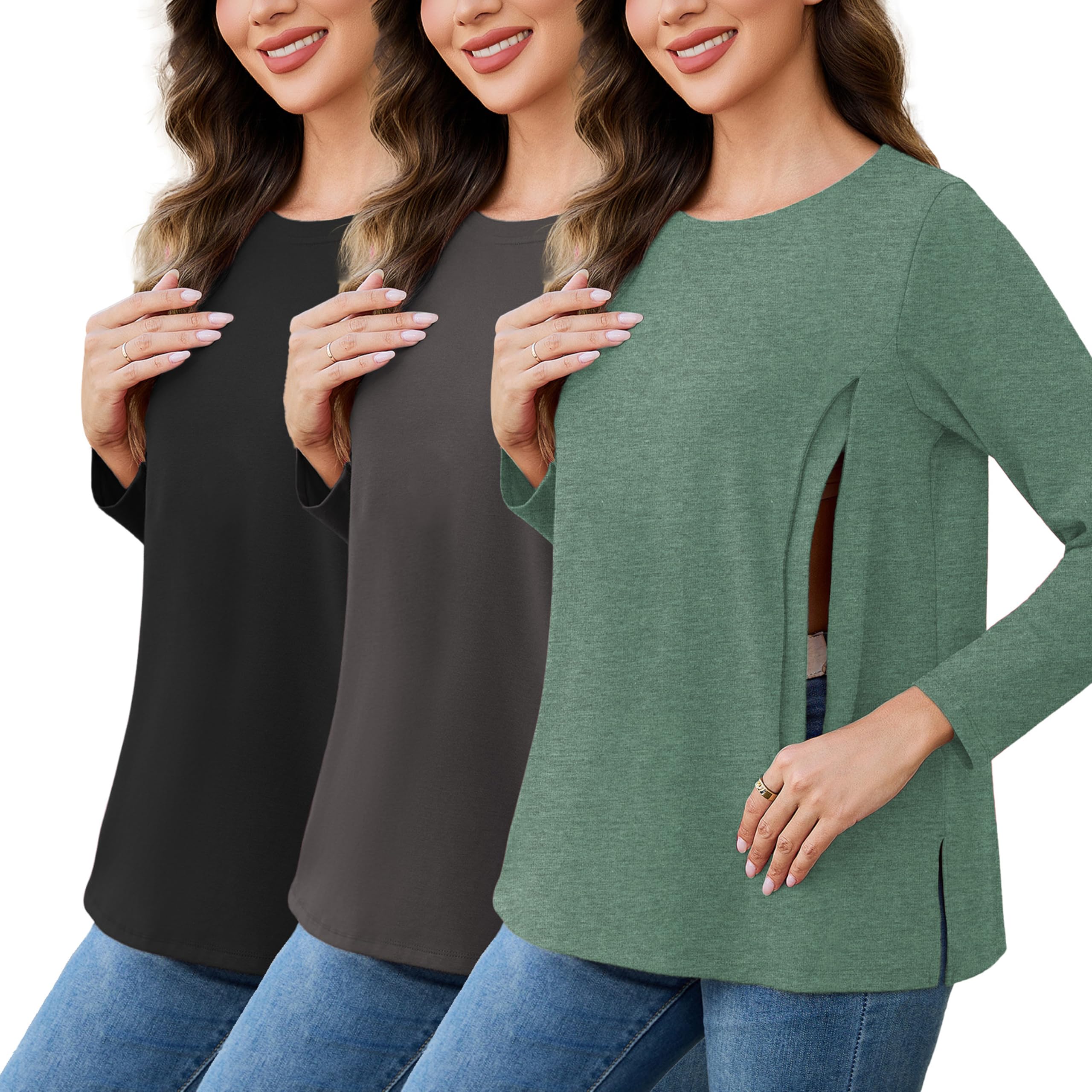 Confezione da 3 magliette da allattamento da donna con chiusura lampo, a maniche lunghe, abbigliamento premaman invernale
