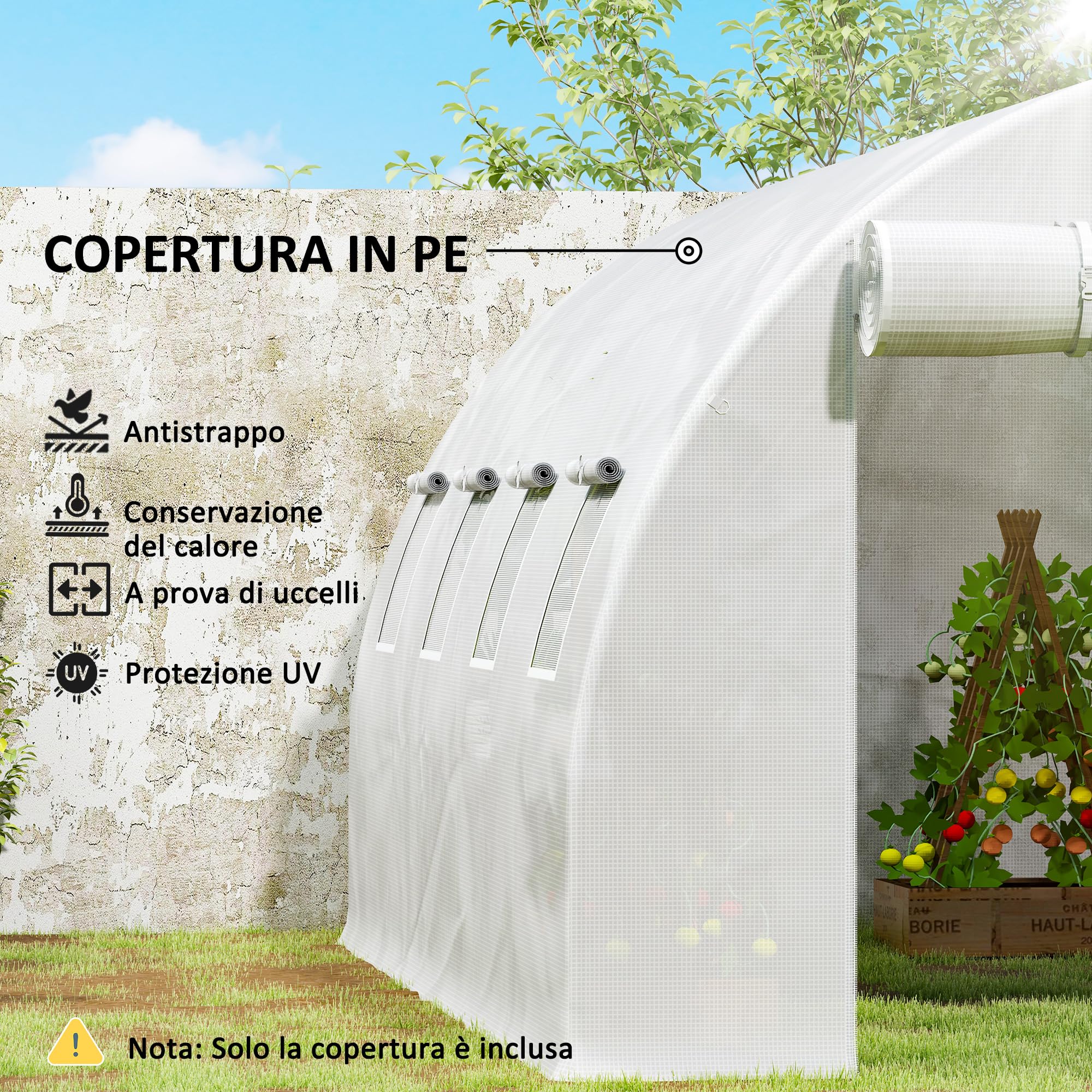 Outsunny Cubierta de Invernadero PE 4x3 m, Lona de Invernadero con 8 Ventanas, Puerta Enrollable y Bordes Enterrados, Protección UV, para Agricultura, Plantas, Huertos y Jardín, Blanco