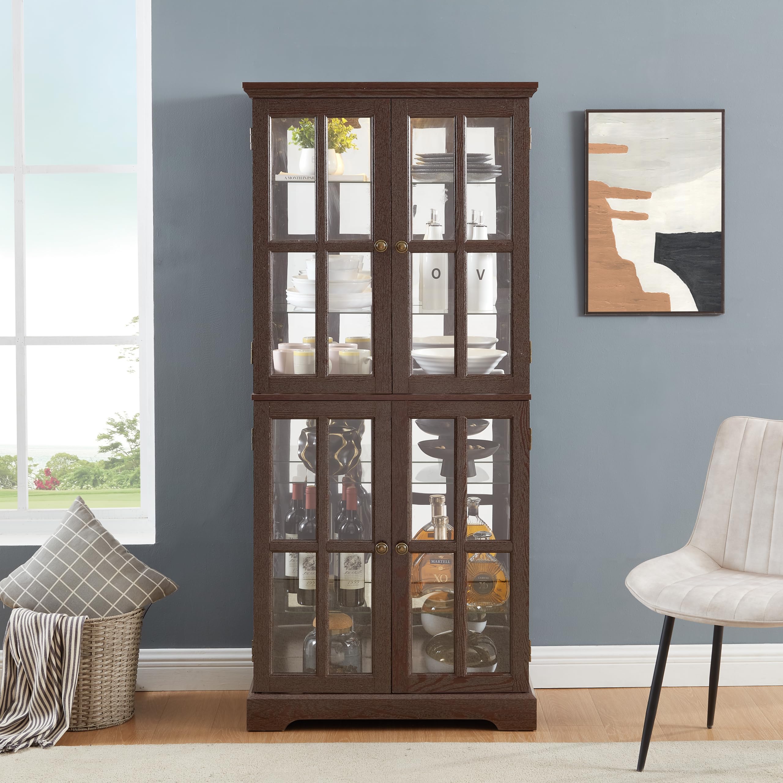 KEIKI Curio Display Cabinet, 68.7" H Lighted Glass Display Cabinet, w/ 4 Glass Doors & Adjustable Shelves, Vintage Showcase with E26 Bulb for Home or Office, Cherry