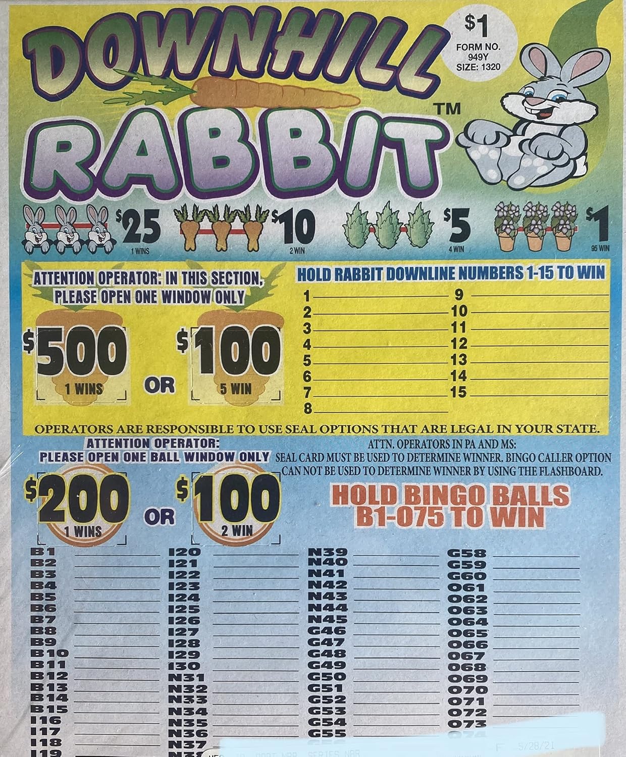 Downhill Rabbit $500/$200 Bingo Pull Tabs Game, Seal Card