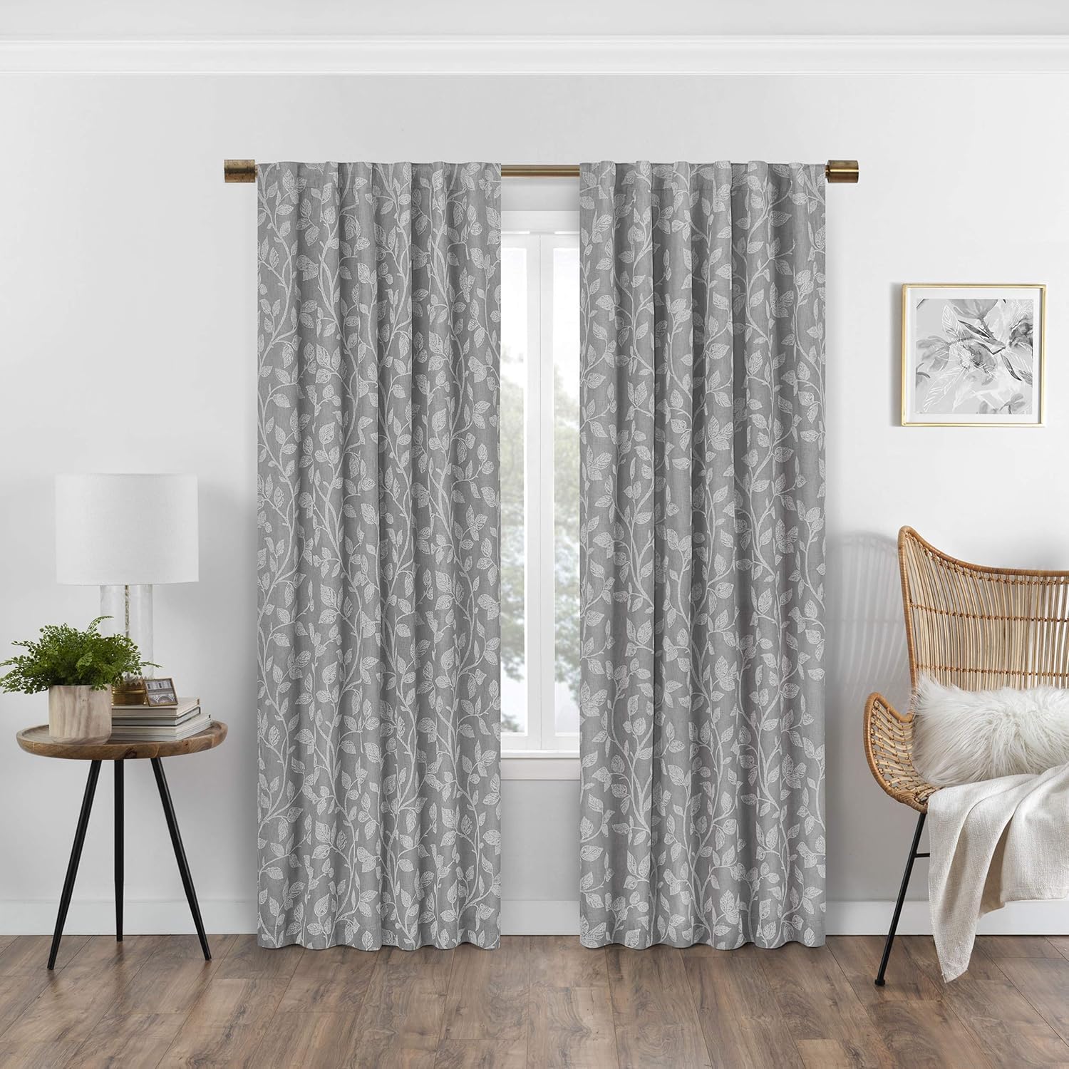 Eclipse Absolute Zero Nora Botanical Blackout Thermal Insulated Rod Pocket Curtains for Bedroom, Single Panel, 50" x 63", Grey