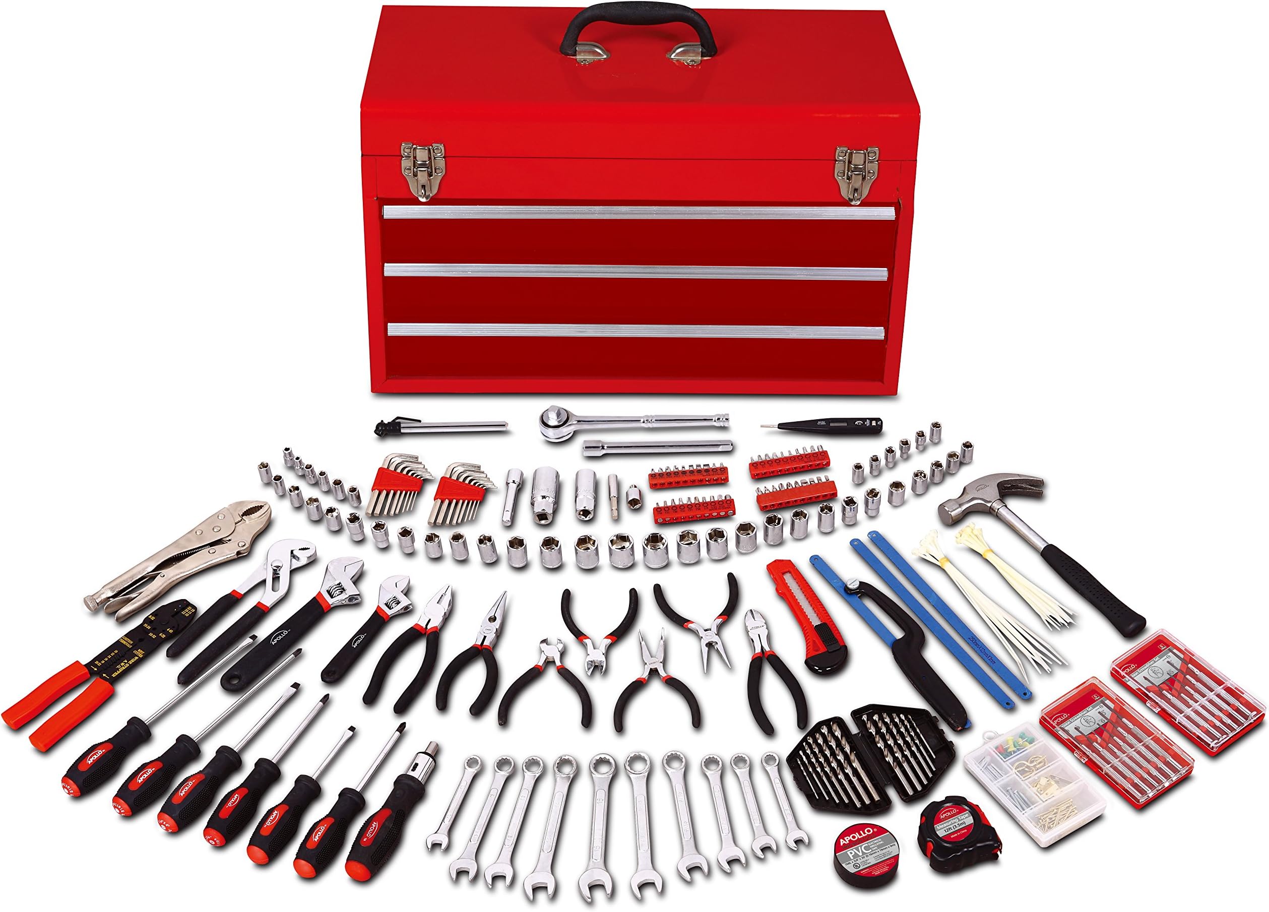Apollo Tools DT6803 All Purpose Mechanics Tool Kit in 3-Drawer Steel Box, 297-Piece