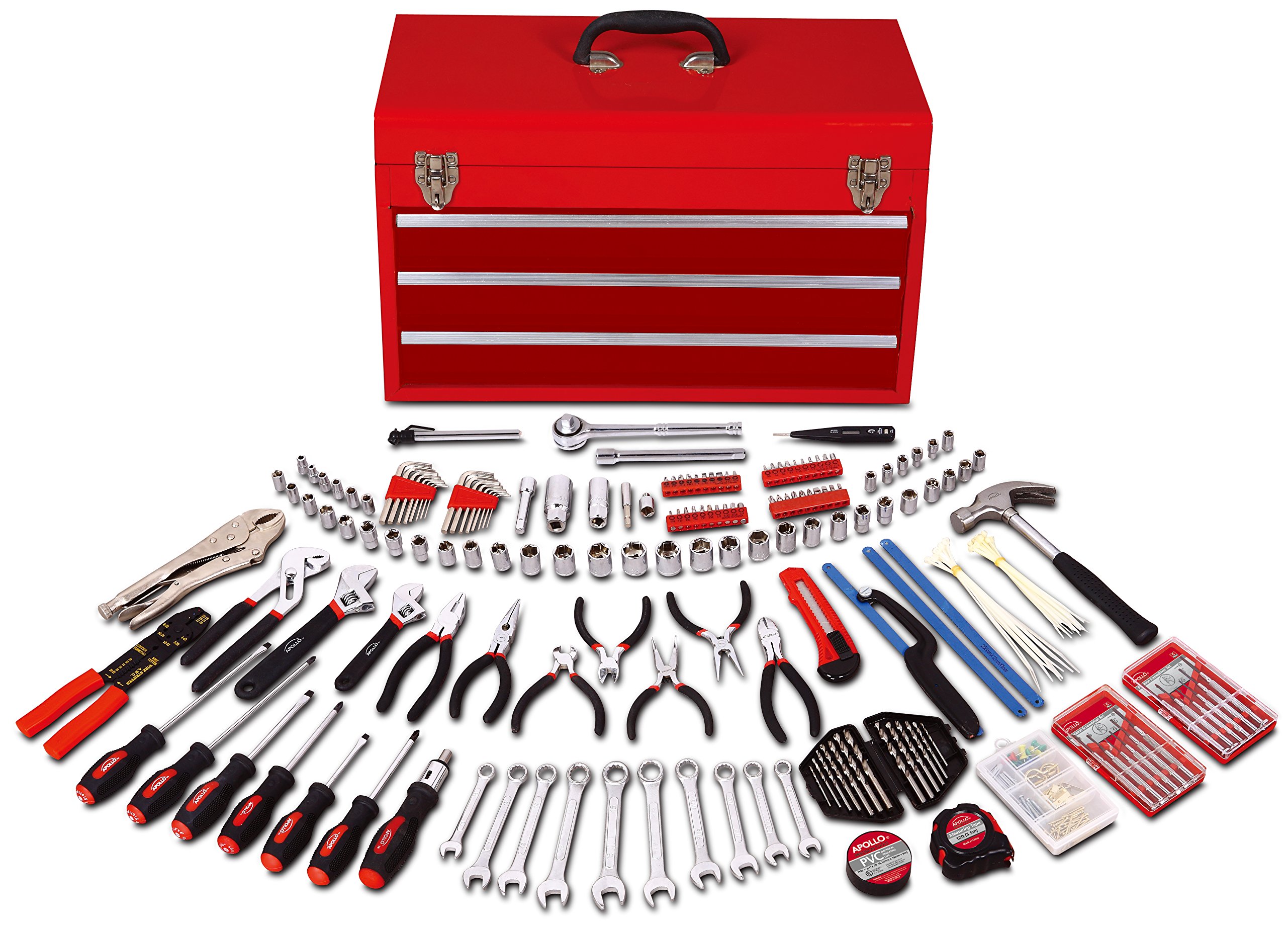 Apollo Tools DT6803 All Purpose Mechanics Tool Kit in 3-Drawer Steel Box, 297-Piece