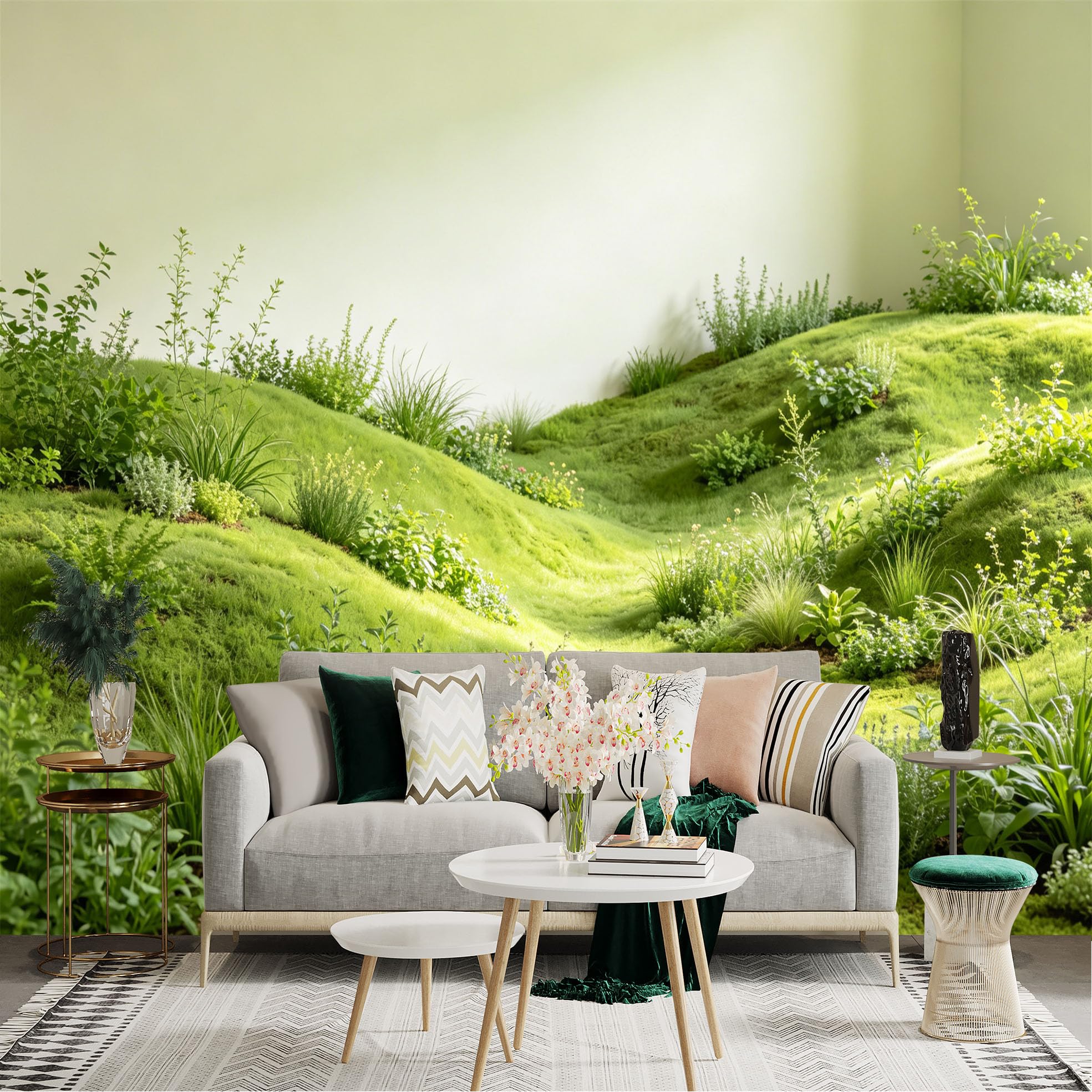 Lnzczhyre Dbh260521853 Custom Size Wall Sticker Mural， Serene Green Meadow， Lush Rolling Hills， Natural Botanical Landscape， For Wall Decoration， Peelandstick Wall Decals.