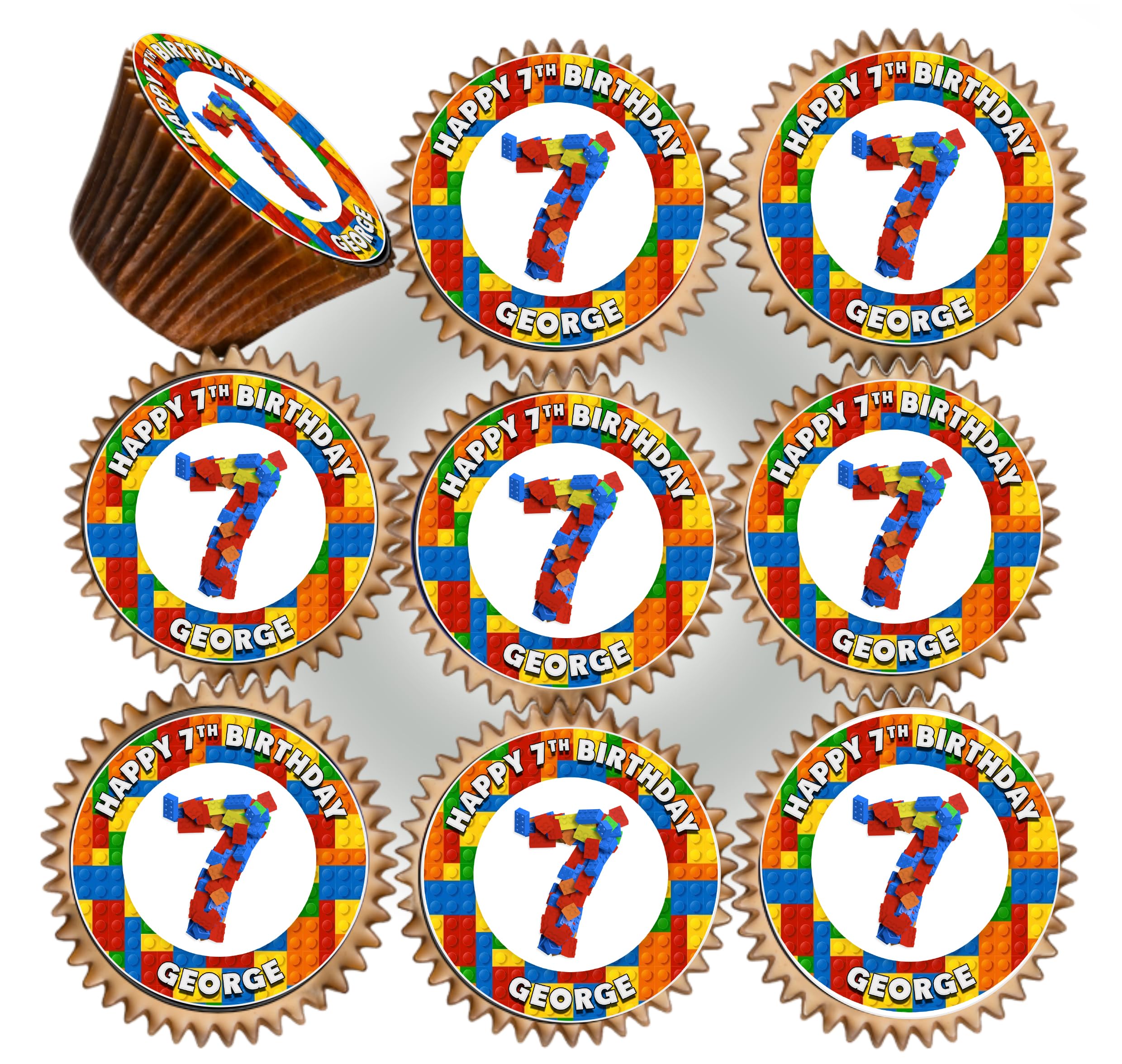 30 x BUILDING BRICKS BIRTHDAY PARTY PERSONALISED EDIBLE ICING 3.8 cms CUPCAKE TOPPERS DECORATIONS SV-0271