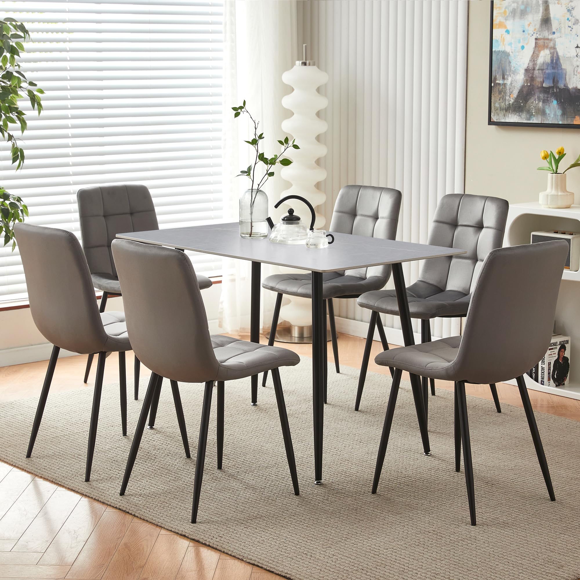 Homcasa Gery Marble Dining Table and Chairs Set, Modern Slate High ...