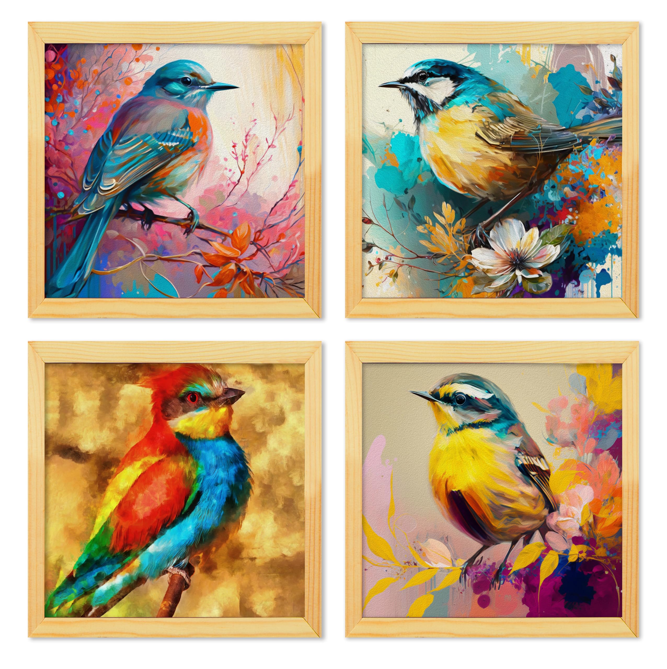 Rousrie Floral Birds Theme Wall Art, Beautiful Artwork Frame Prints, Textured Posters for Living Room, Bedroom, Home Decor (Wooden- Design 5)