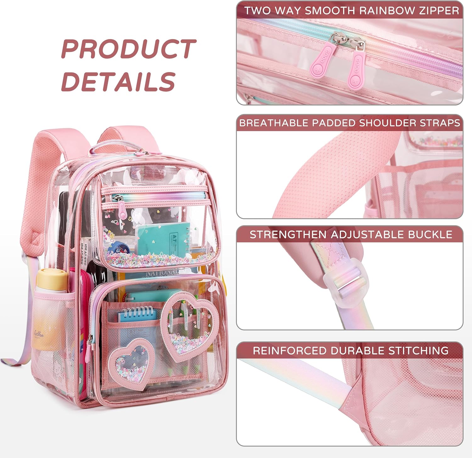 Clear Backpack for Girls,Clear Bookbag Heavy Duty Transparent Backpacks for Stadium Events, See Through Back Pack for Kindergarten Elementary Middle High School (Pink) - Image 4