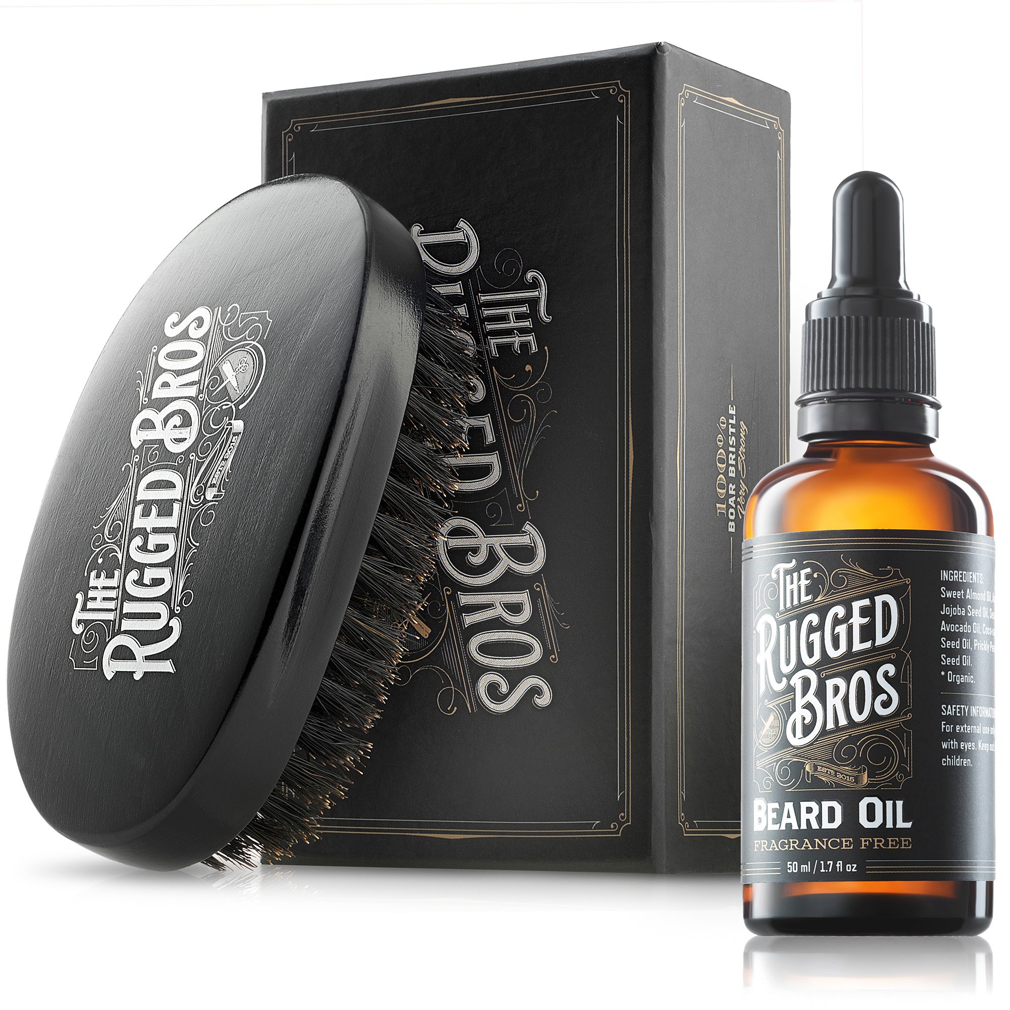 Beard Kit for Men by The Rugged Bros - Beard Brush and Unscented Beard Oil - for Beard Growth, Care, and Grooming