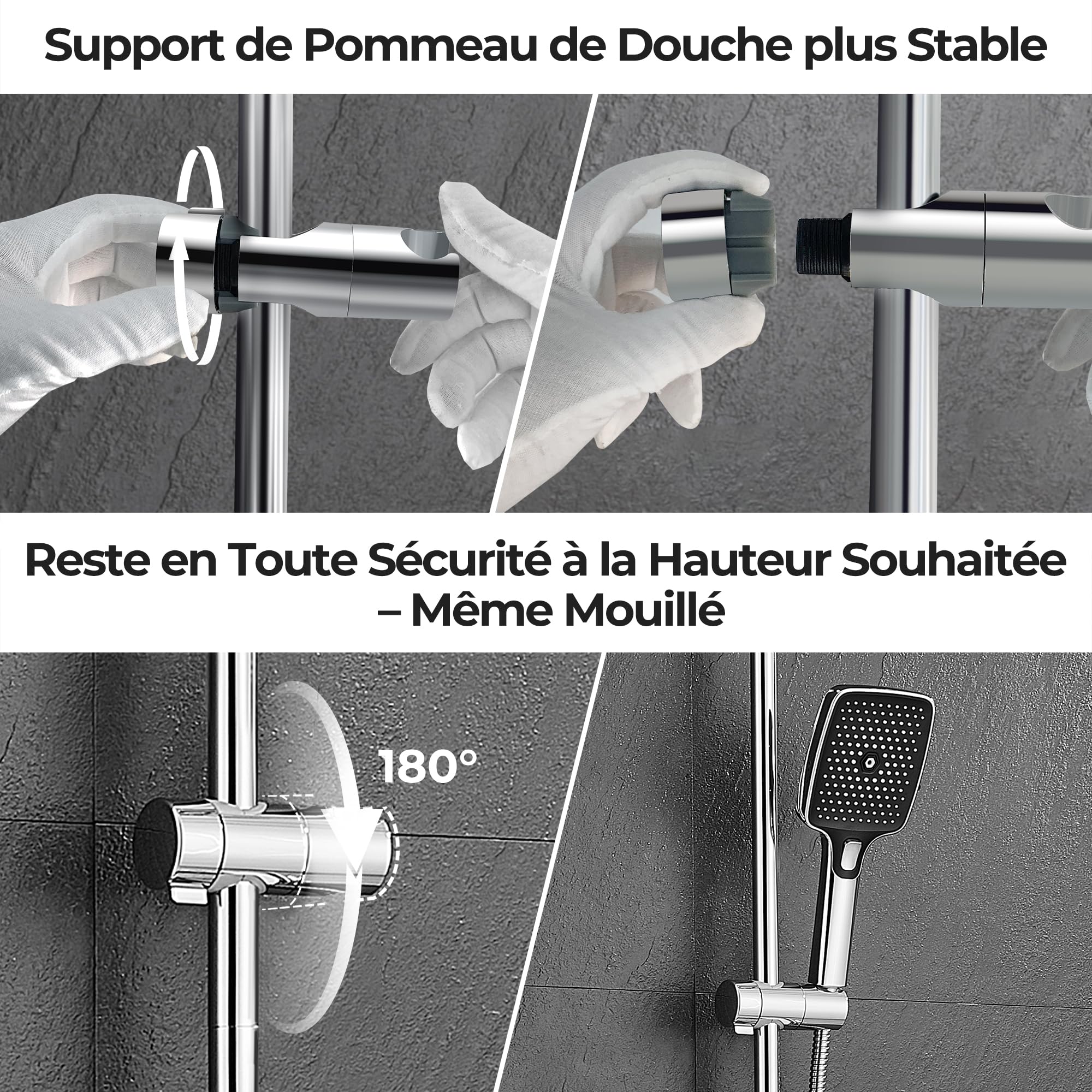 Görbach Barre de douche en acier inoxydable 100 cm avec support de douchette réglable, supports muraux compatibles avec trous de existants, compatible avec douchette à main standard, chromé