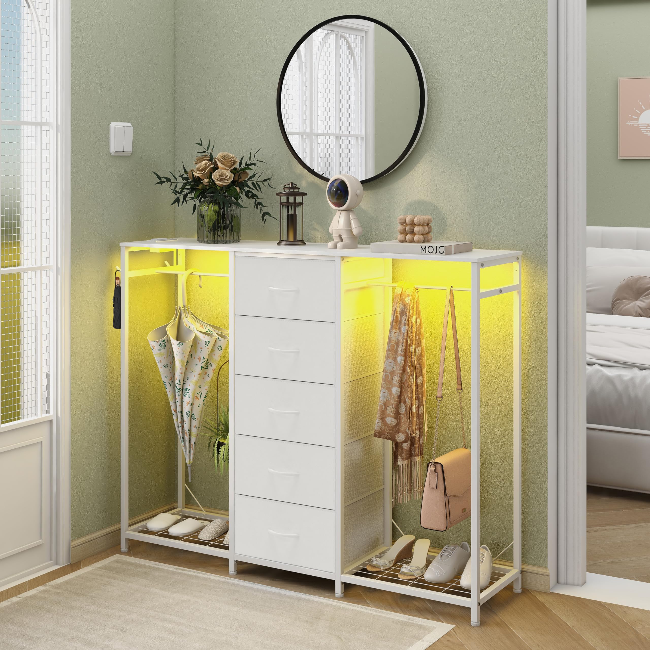 Cómoda para dormitorio con perchero, cómoda de 5 cajones con estación de carga, luces LED, cómoda blanca, estante flexible y espacio de almacenamiento abierto para dormitorio, sala de estar 2