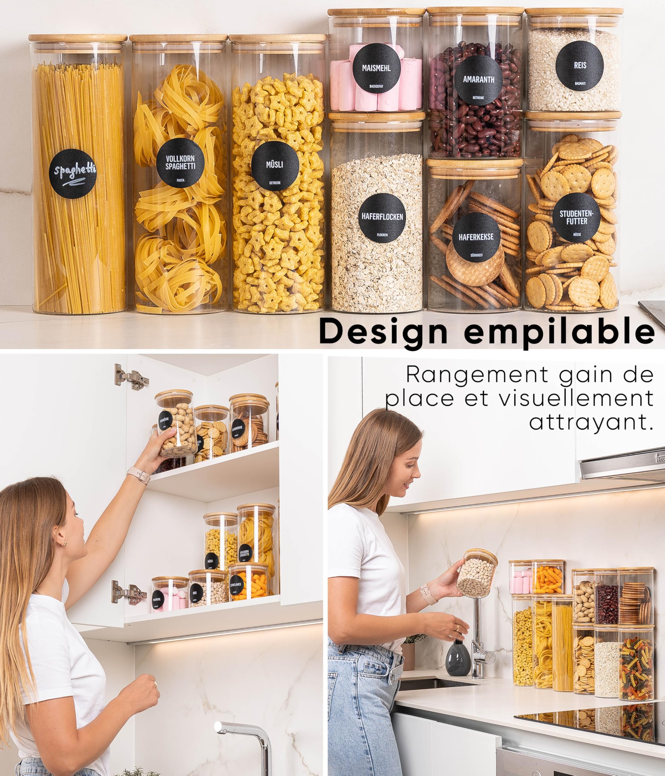 Deco haus® Bocaux en Verre Hermétique Lot de 4 [+ÉTIQUETTES] - Bocal en Verre avec Couvercle 4x1400ml - Bocal Rangement Cuisine - Bocaux de Conservation - Boite Anti Mites - Pot Hermétique Alimentaire
