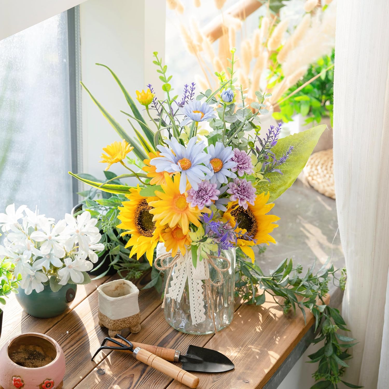 LUEUR Artificial Silk Sunflower with Vase Fake Flowers in Vase Centerpiece Coffee Table Decor, Fake Plant Blue Daisy Flower Arrangement for Spring Decorations Indoor Home Office Living Room