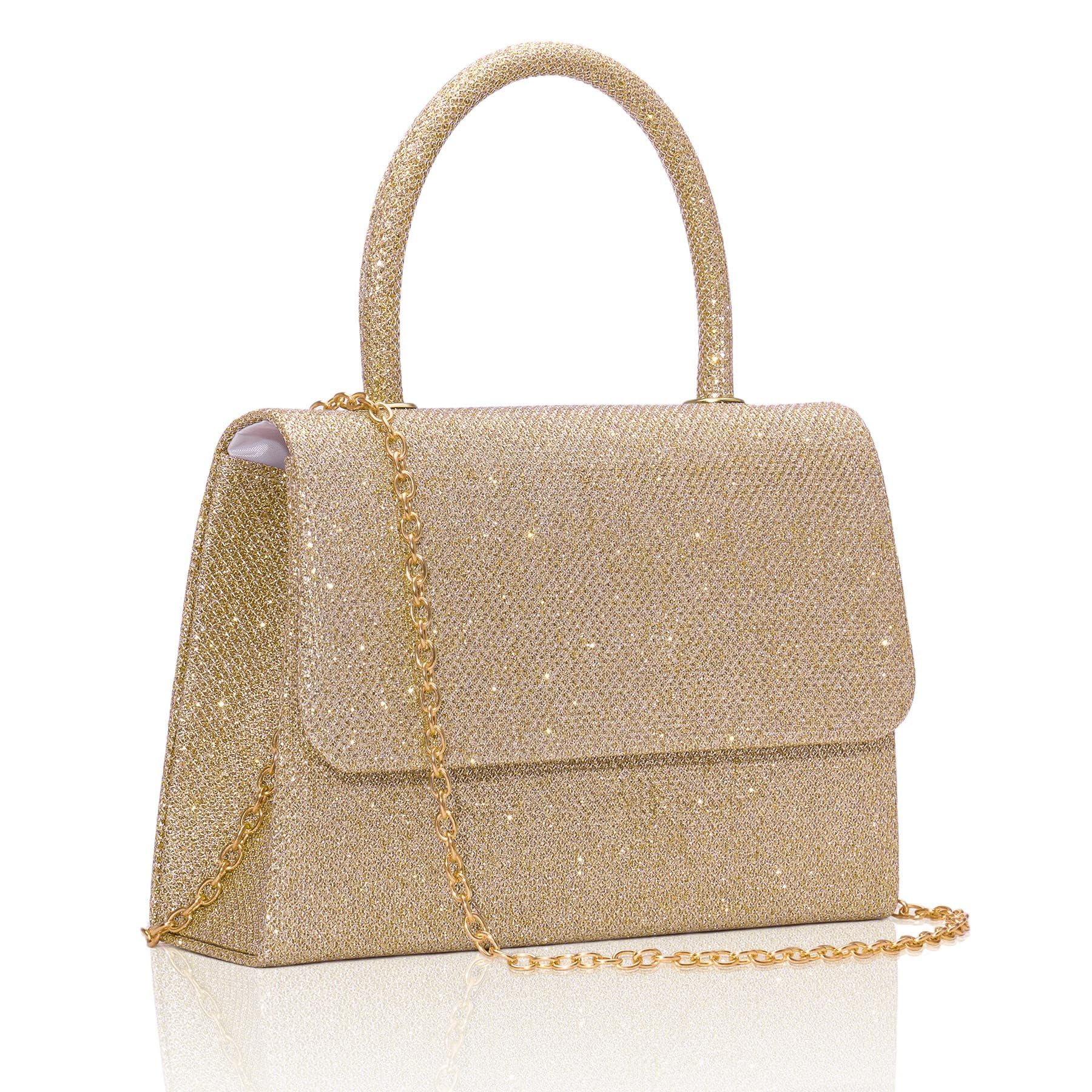 Larcenciel Clutch dames glitter avondtas schoudertas met afneembare ketting, modieuze handtas elegante enveloptas kettingtas schoudertassen voor eindejaarsbal, feest, goud