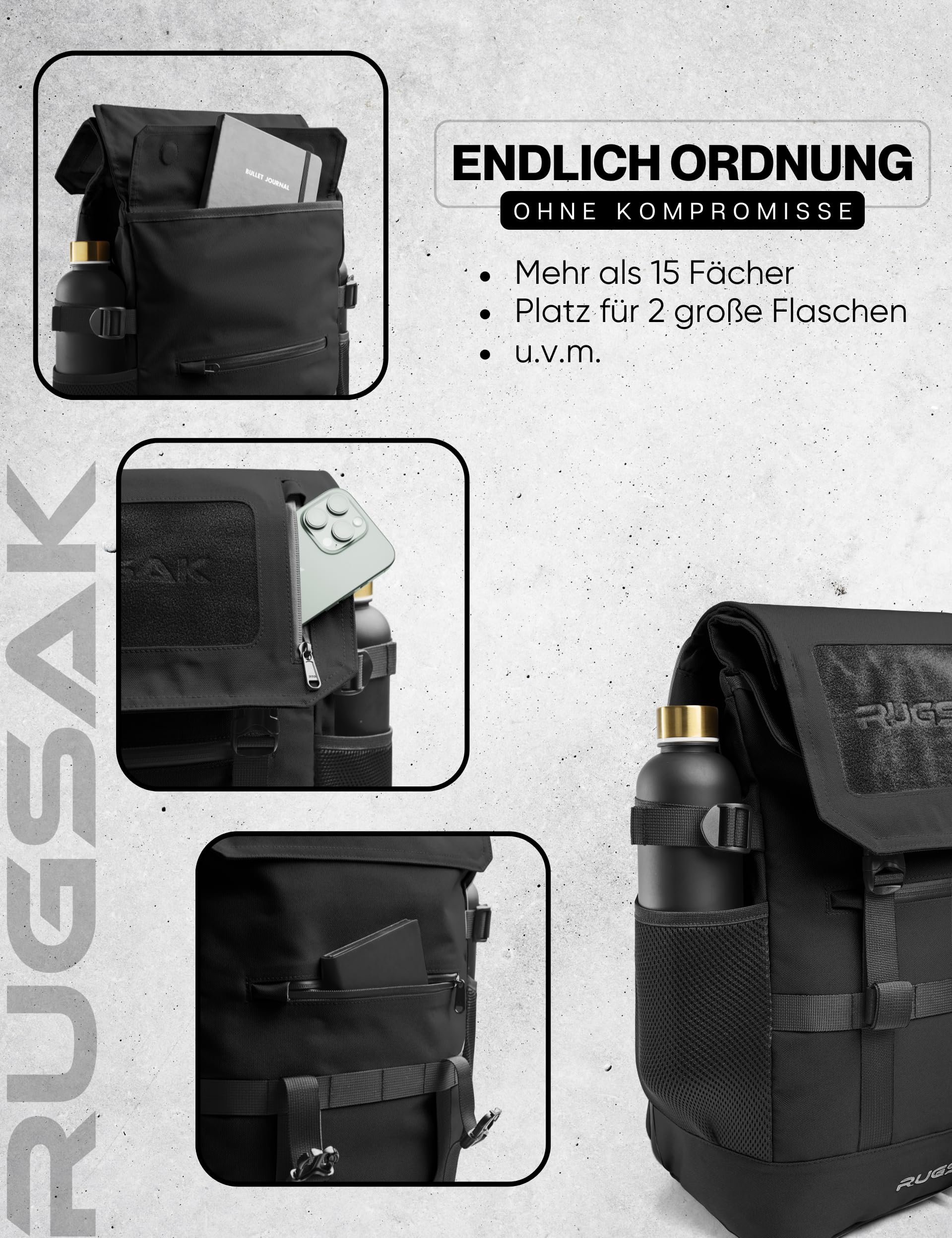 RUGSAK® Original PRO | Laptoprucksack Wasserdicht [20-35L] Handgepäck 40x30x20 | Rucksack für Business Sport Uni Wandern Reisen | Wickelrucksack | Damen Herren Teenager