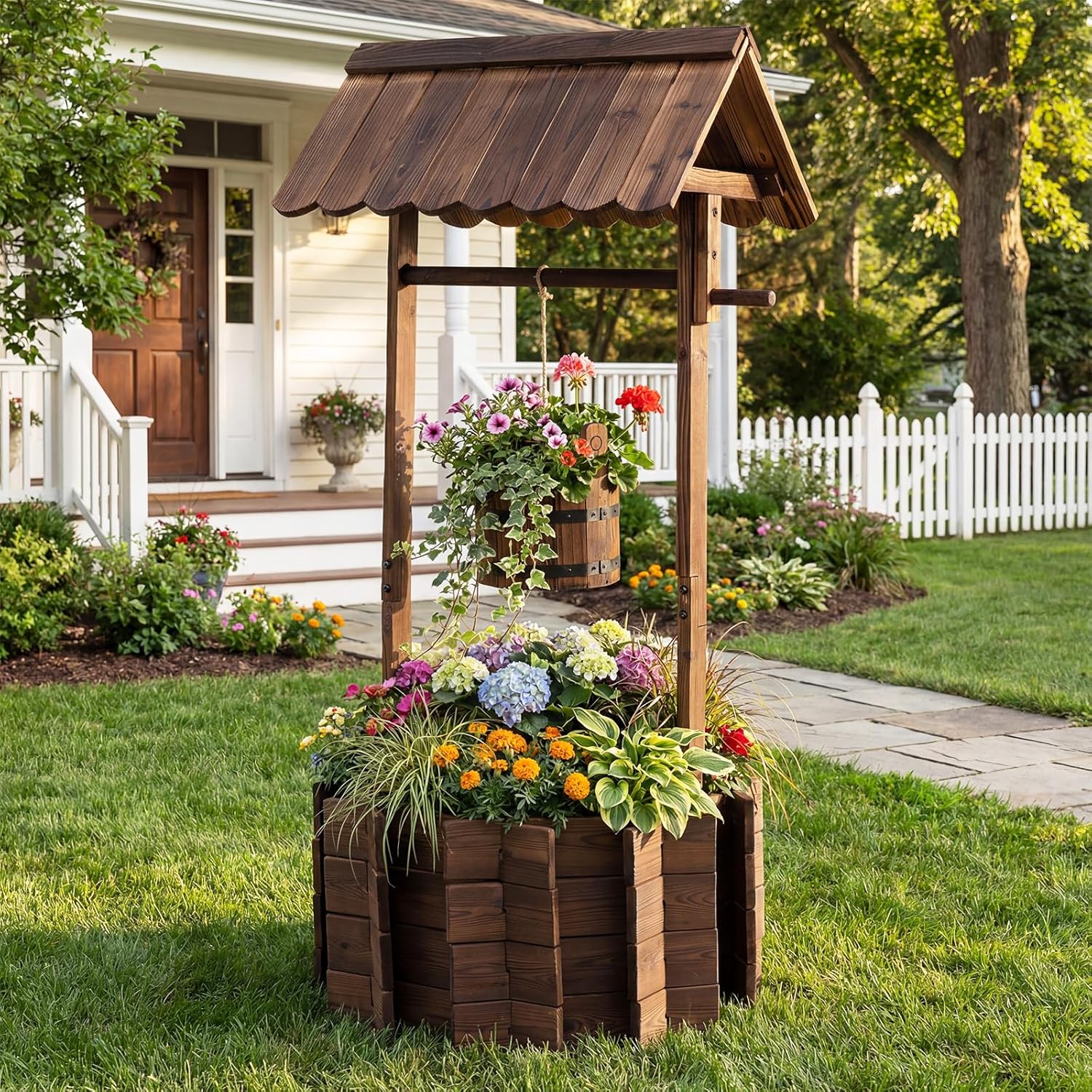 Giantex Wooden Wishing Well Planter with Hanging Bucket, Carbonized Fir Wood Outdoor Garden Planter for Flowers, Rustic Decorative Flower Pot for Yard Patio Deck Home Decor