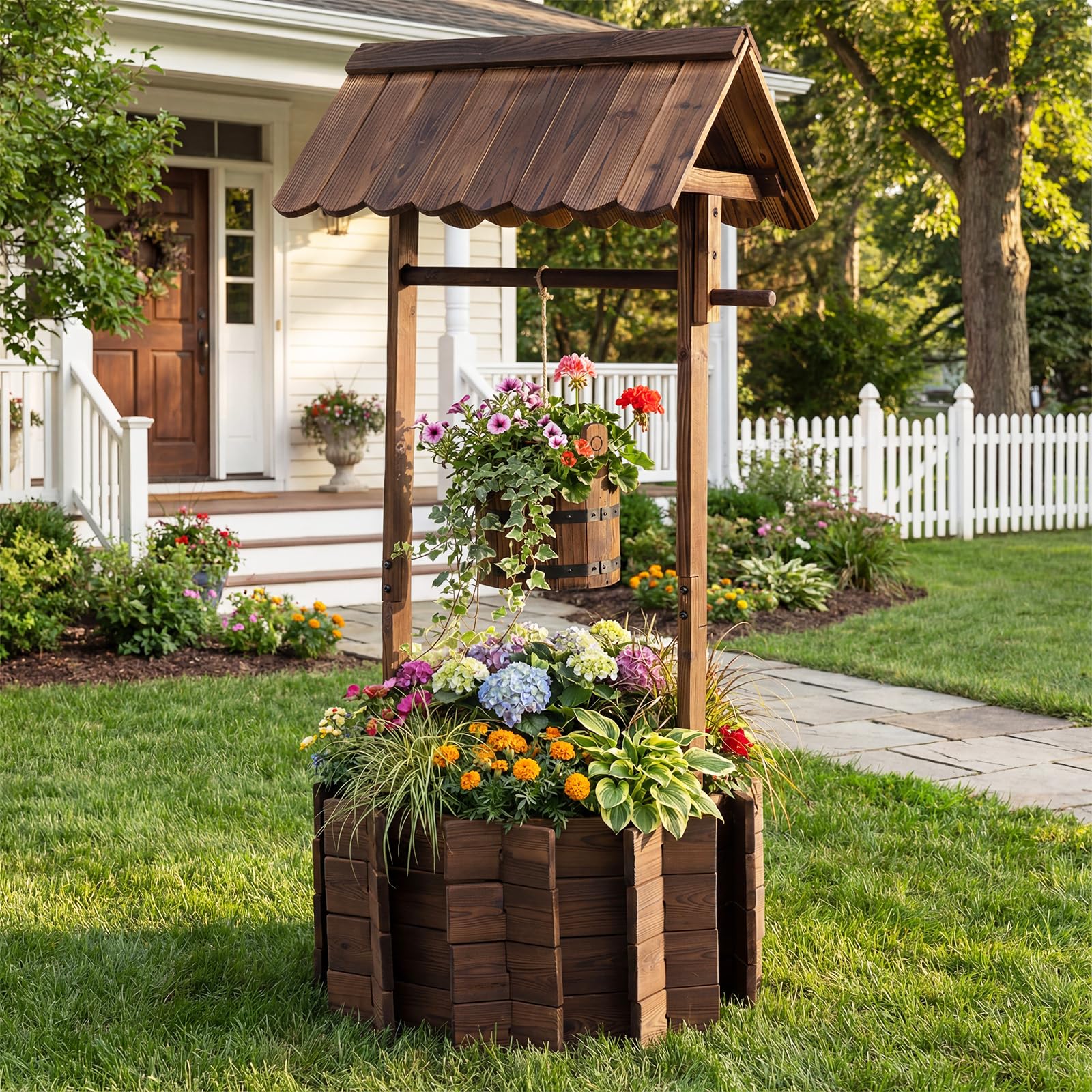 COSTWAY Holzbrunnen mit Dach, Holz, Gartenbrunnen Zierbrunnen, 56x56x119 cm
