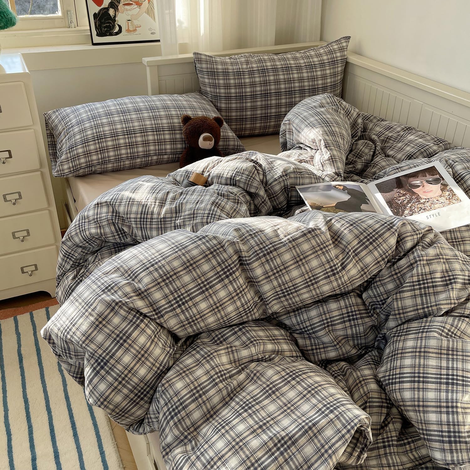 MKXI Full Modern Plaid Duvet Cover Set 3 Piece - Deep Navy Washed Cotton Bedding, Modern Farmhouse Check Design, Breathable &amp; Vintage Linen Like Bedding Set with Zipper Closure