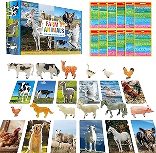 SpriteGru 12 PCS Farm Animal Figurines with 12 Introducing Flashcards, Realistic Farm Animals Playset Montessori Toys Science Educational Matching Game for Homeschool Preschool Toddler Kids