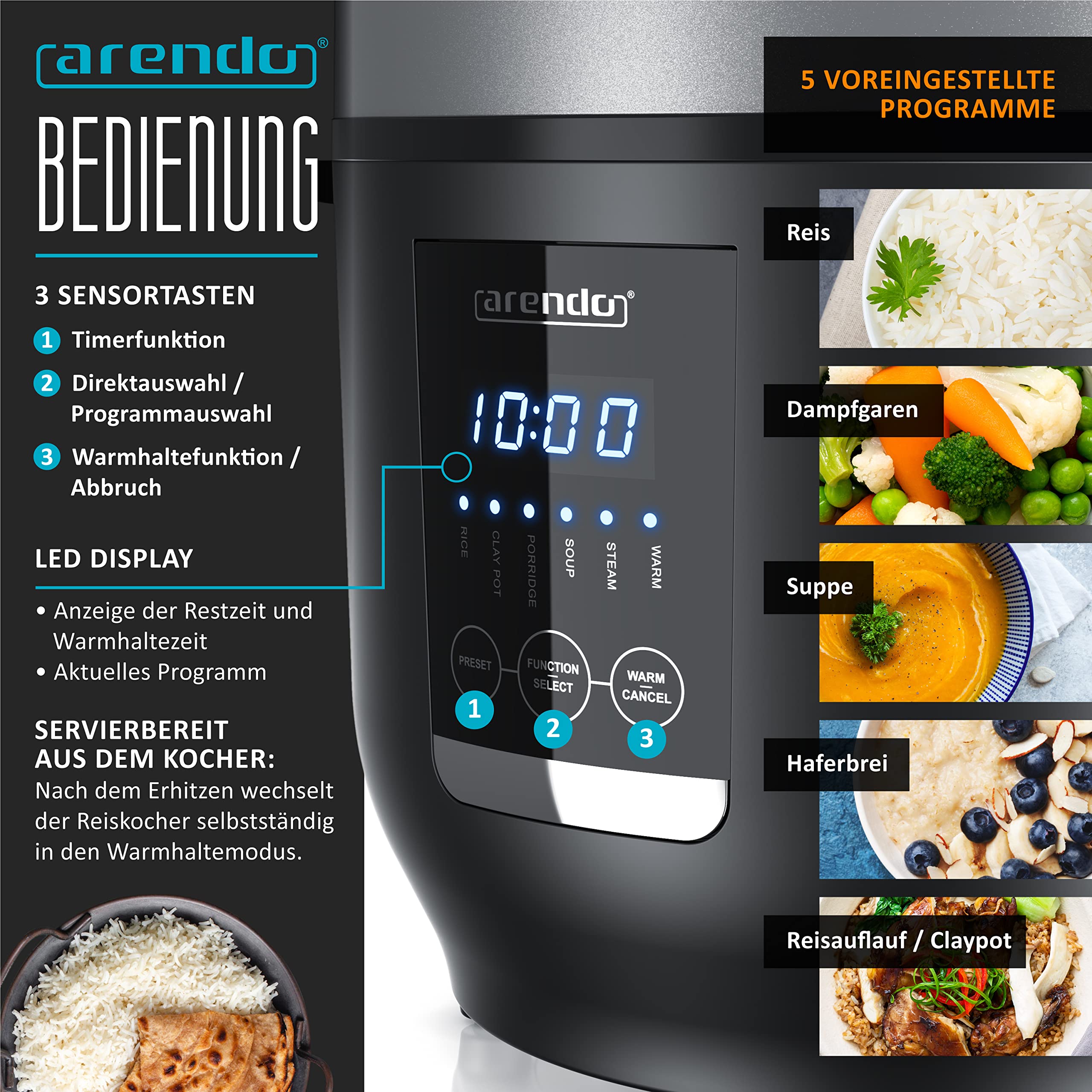 Arendo - Reiskocher 2l inkl. Dampfgarer-Einsatz (Warmhaltefunktion, antihaftbeschichteter Gartopf, Reislöffel & Messbecher) 350W, Schongarer für Gemüse & Fisch etc.