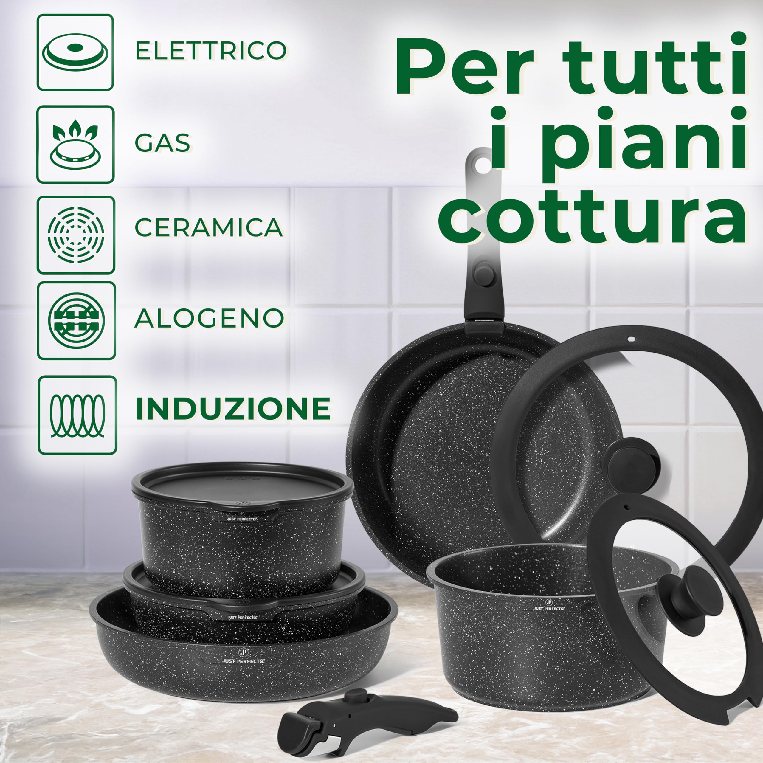 Just Perfecto Essential Batteria di Pentole 11 Pezzi, Manici Amovibili Padella con Casseruola Fonda, Padella, Tegame, Wok, Coperchi, Antiaderenti per Induzione,Lavastoviglie (Black)