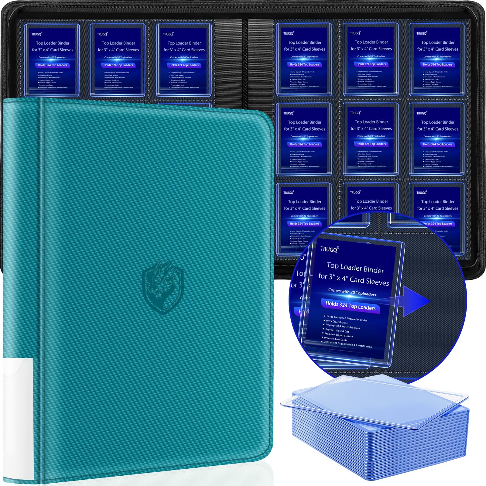 TRUGQ Toploader Binder Holds 324 Toploaders - 20 Toploaders|Waterproof PU Leather + Anti-Yellowing PP Inserts | Ridge Tab Sorting Portable top loader binder for cards(For Sports/Game Cards)