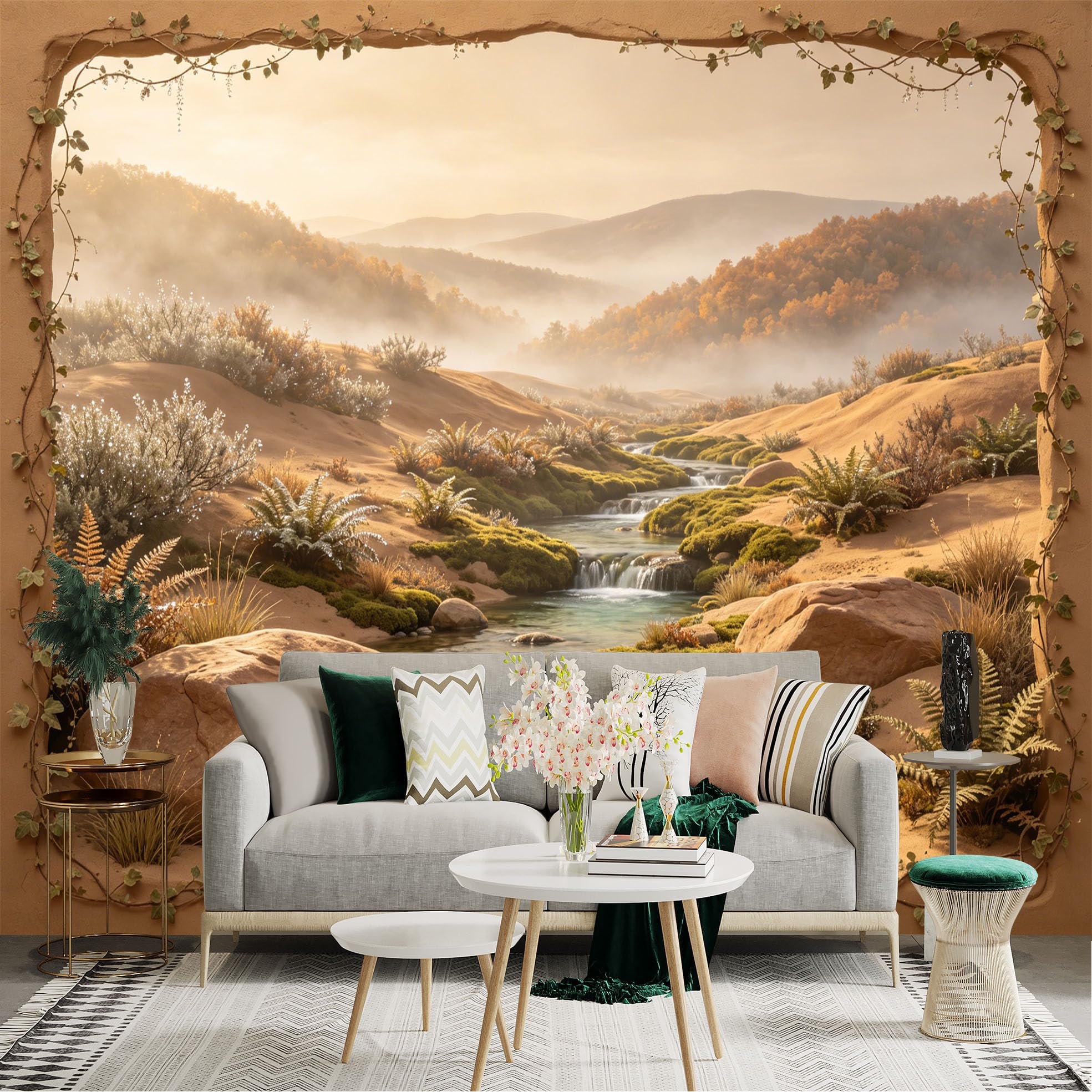 Custom Size Wall Sticker Mural， Serene Desert Oasis with Flowing Stream and Misty Mountains， for wall Decoration， peelandstick wall Decals.