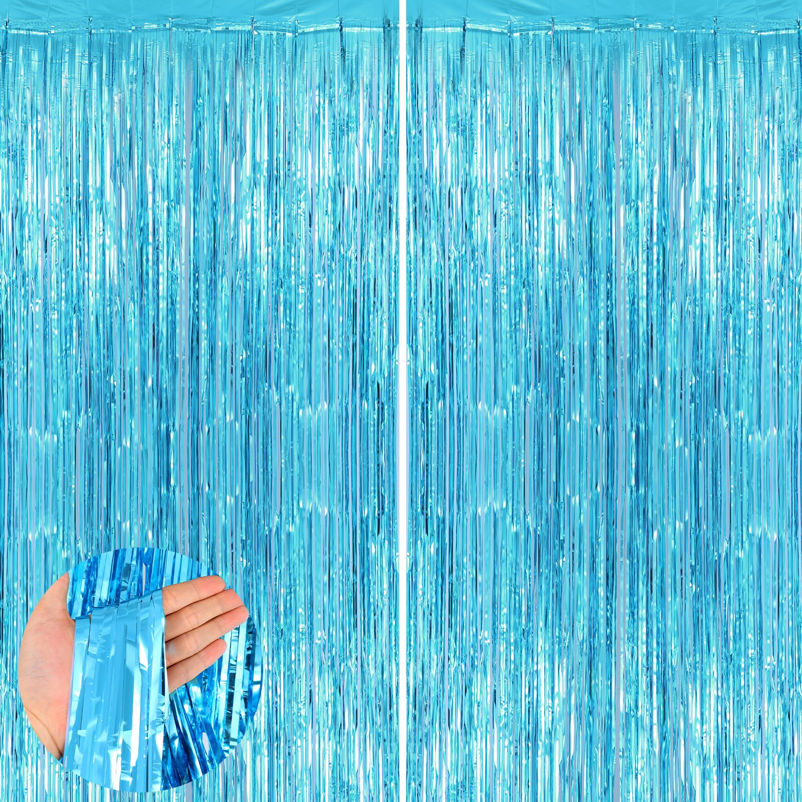 Light Blue Metallic Tinsel Foil Fringe Curtains Backdrop 2Pack 3.3x8.3Ft Blue Party Streamers for Birthday Party Decorations Halloween Christmas Decors Foil Curtain Backdrop for Bachelorette Wedding
