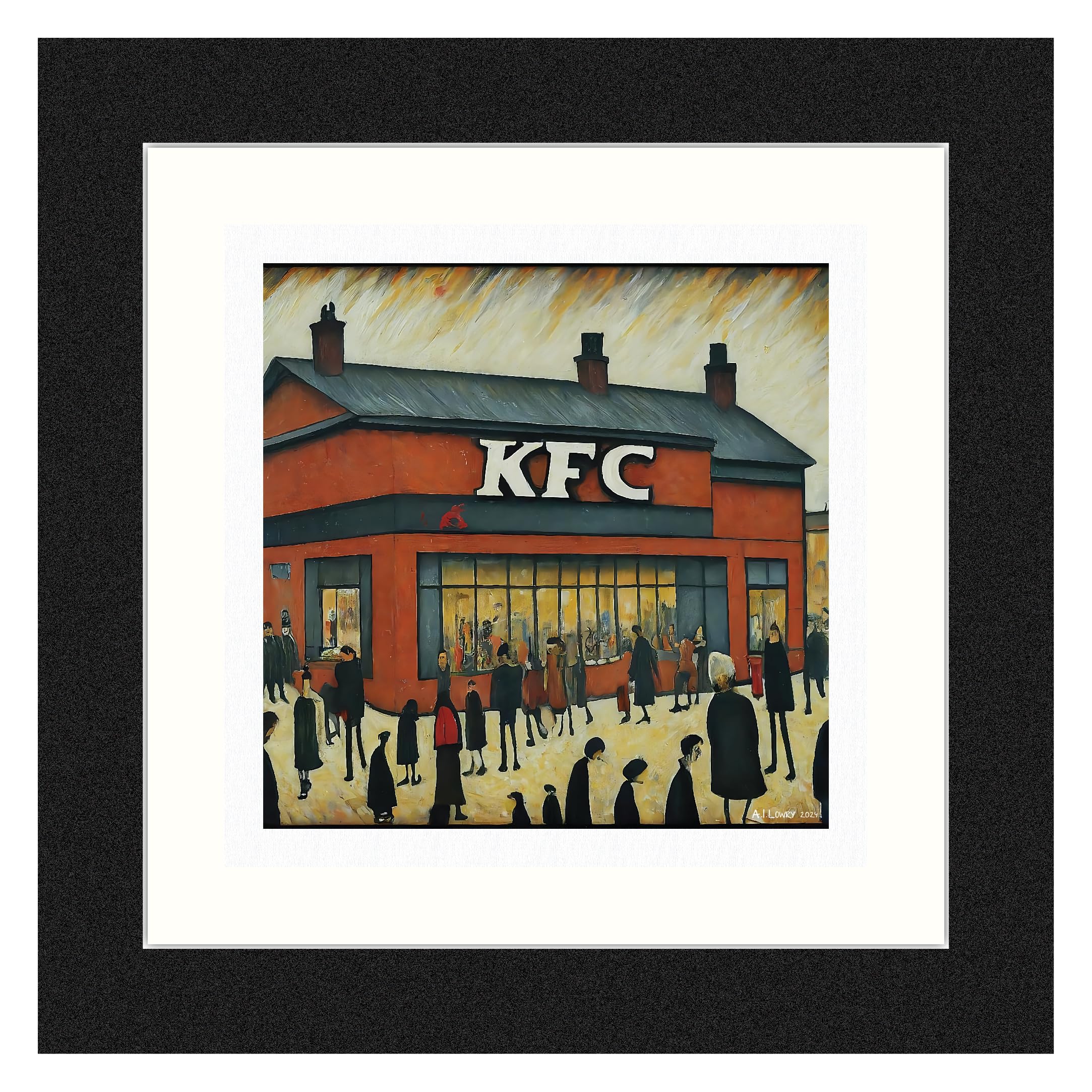 Greetingles Lowry-Style 12"/31cm Square Framed Print. Beautiful Black Ash Frame (Lowry, KFC) — image 1