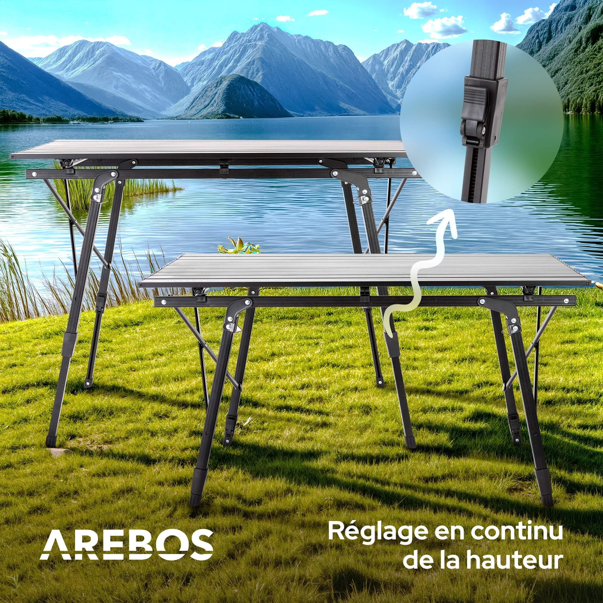 AREBOS Table de Camping Pliante réglable en Hauteur 47-69 cm avec Sac de Transport | pour Jardin, Barbecue, Pique-Nique, Balcon, Voyage | Noir