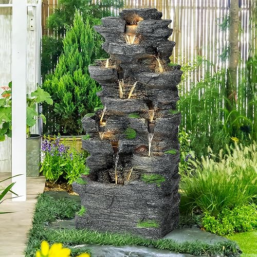 Garden Waterfall Fountain Outdoor - Water Fountains and Waterfalls, Outdoor/Indoor Floor Standing Resin Water Fountain with LED Light for Patio, Garden and Backyard, Deck, Porch, Home (40" H)