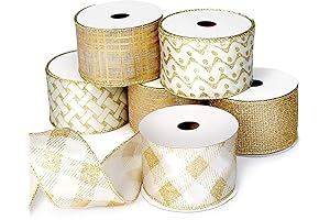Gold Ribbon Wired Christmas Tree Ribbon 2.5 Inch Xmas Ribbons 6 Rolls