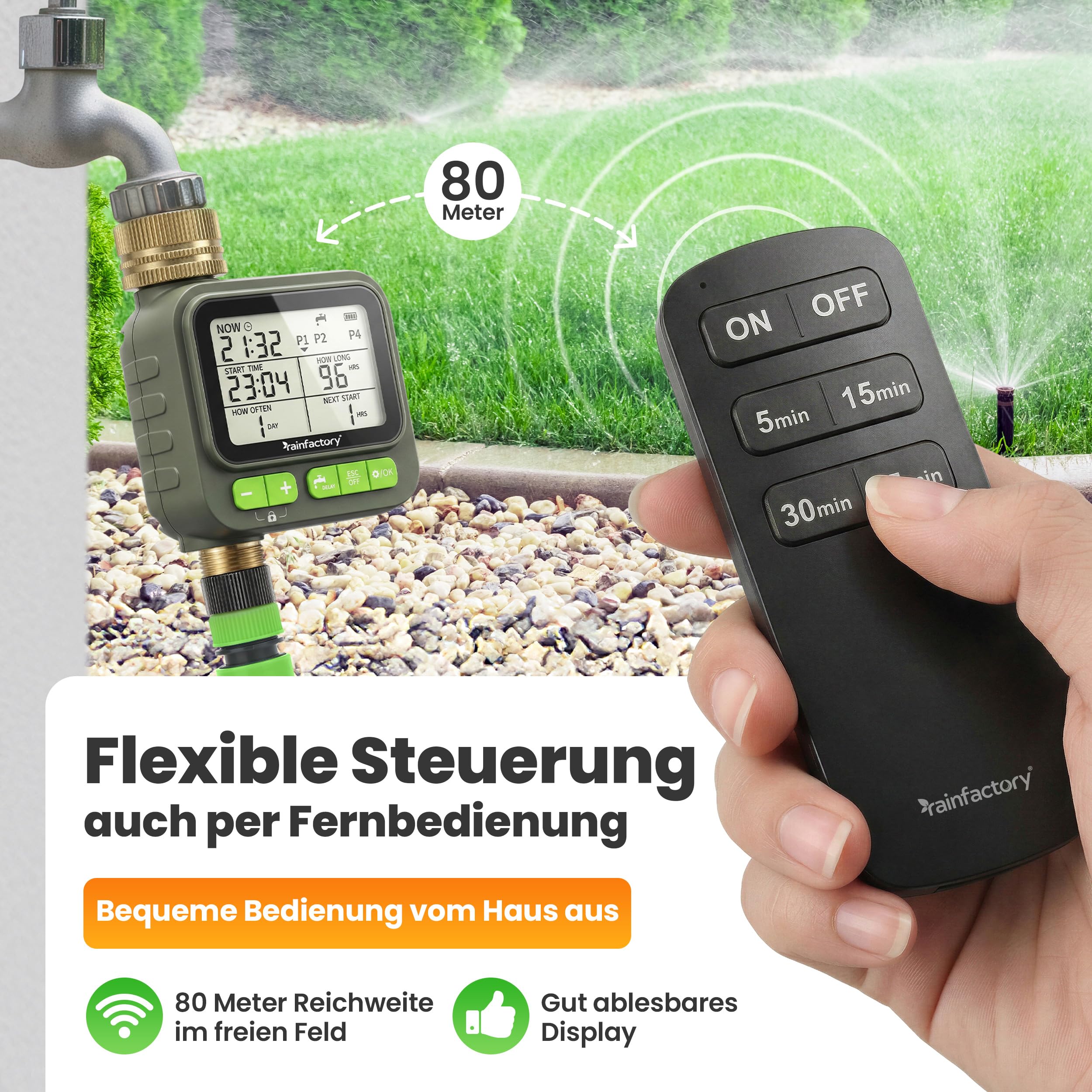 rainfactory Bewässerungscomputer mit Fernbedienung - automatische Bewässerungssteuerung für Garten - Bewässerungsuhr mit 4 Programmen, Delay - Wasser Zeitschaltuhr IP65, 3/4 Zoll für Rasen Beet & Topf