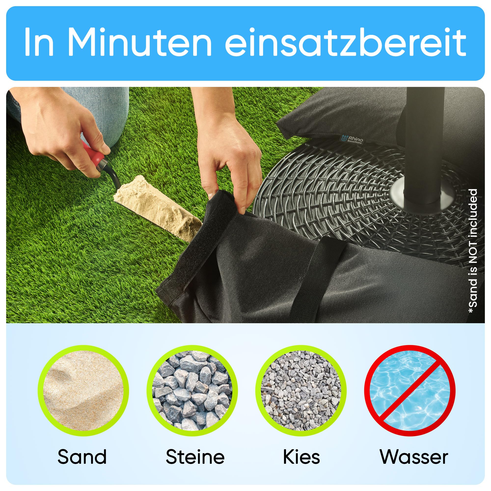 BaseMate Füllbare Sandsäcke für Sonnenschirmständer, 2 befüllbare Sandsäcke je 22 kg, Gebogene Sandsäcke für Outdoor-Schirmständer