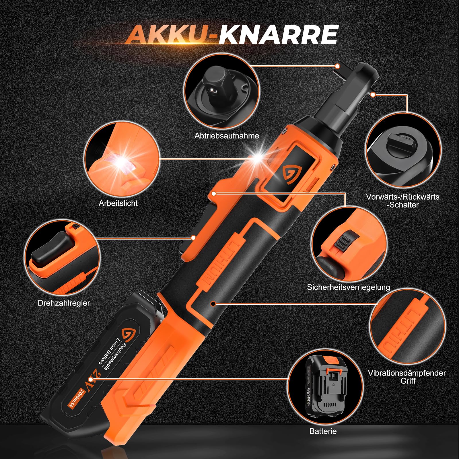 21V Akku Ratschenschlüssel, 3/8" Elektrischer Ratschen 40N.m 0–400RPM, Kabellose Ratsche mit 2×2000mAh Akku, 7 Steckschlüsseln, Schnellladegerät & LED-Licht für Auto & Heimwerker