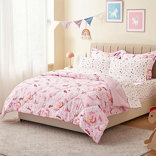 Miniatura 6 de PPOLCA Juego de ropa de cama individual de unicornio para niñas, juego de edredón de microfibra súper suave y ligera con sábanas, cama en una bolsa,