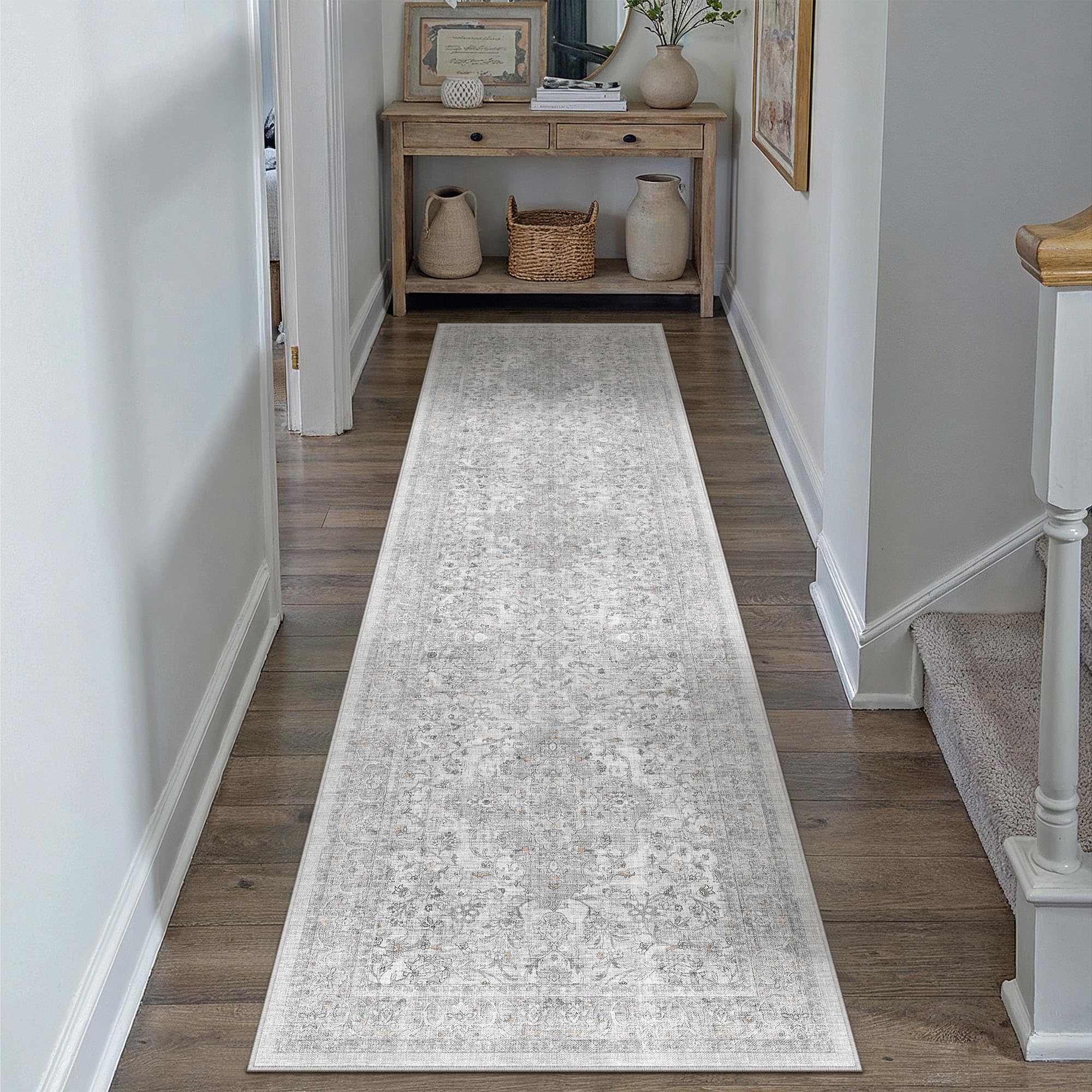 PureCozy Runner Grey Rugs for Hallway 60x240cm Long Vintage Washable Area Rug Non Slip Soft Bobo Traditional Carpet for Lounge Bedroom Kitchen Bedside Office Corridor Porch Indoor — image 1
