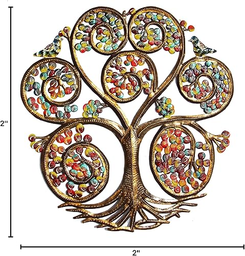 Miniatura 4 de Global Crafts Árbol de la vida del arte de la pared del metal haitiano reciclado pintado a mano de 24", espiral de otoño