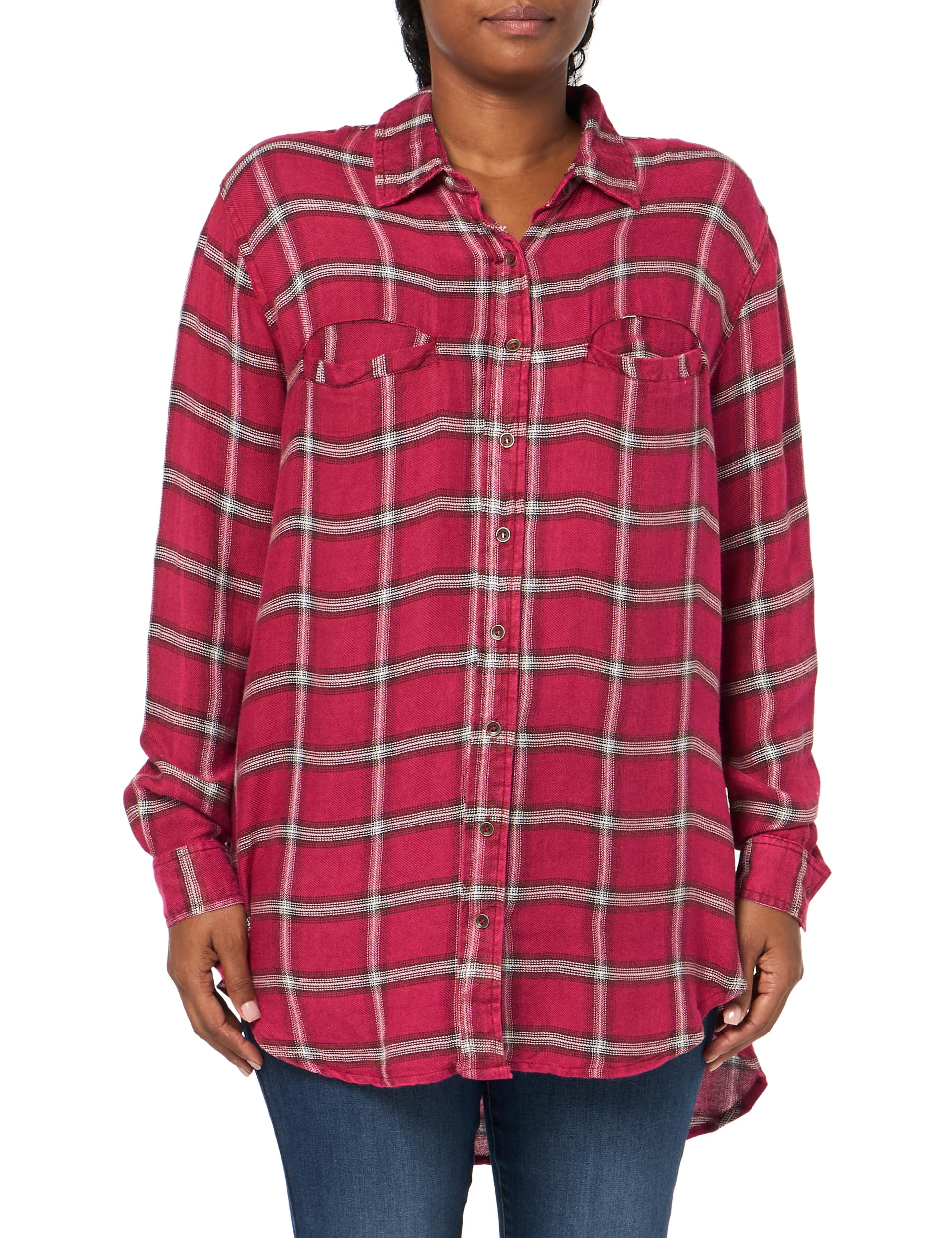 Womens Angie Women's Oversized Hi Low Plaid Button Up Shirt