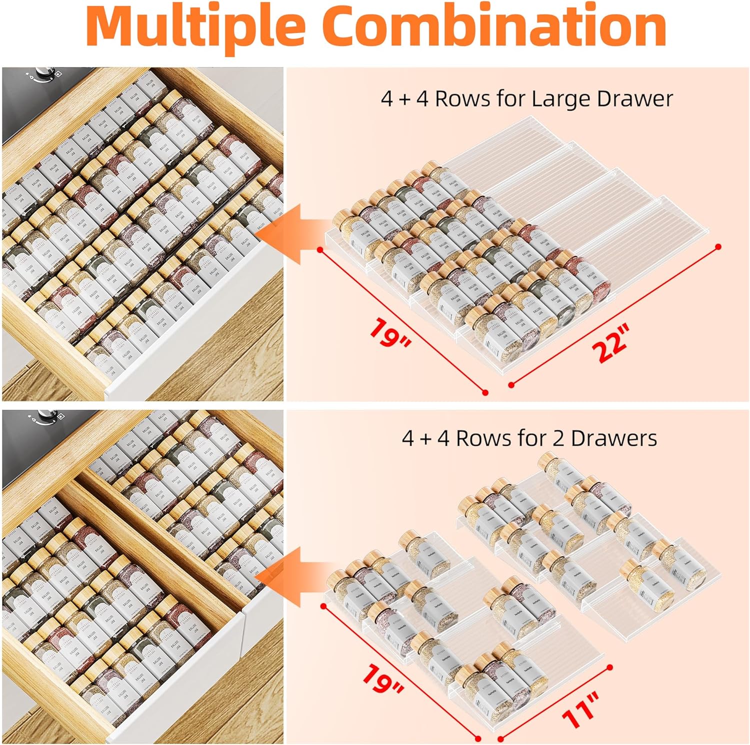 MUDEELA Clear Spice Drawer Organizer, 4 Tier- 2 Set (8 Packs) Spice Rack for Drawer, Expandable From 11" to 22" Kitchen Seasoning Organizers and Storage for Drawer (Jars not included) - Image 8