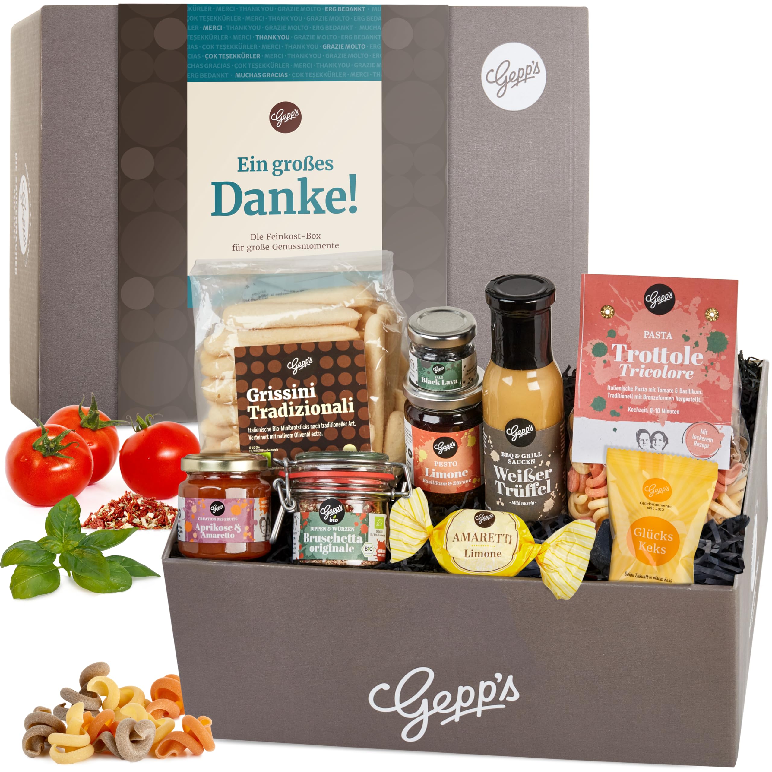 Gepp’s Feinkost Danke-Box Geschenkkorb mit vielen Delikatessen I Firmengeschenk für Mitarbeiter & Kollegen I Spezialitäten wie Pasta, Trüffelsauce, Pesto, Amaretto I Gourmet Geschenkset