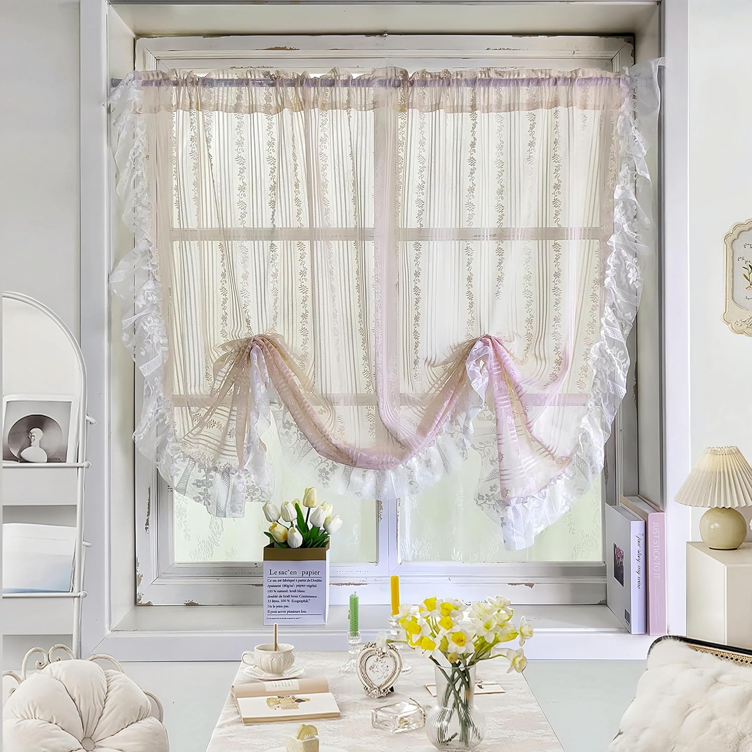 Gxi Pink Lace Sheer Curtain for Bedroom Vintage Ruffle Curtain Vine Floral Rod Pocket Voile Tulle Light Filter Farmhouse Window Curtain Living Room, 2 Panels, Each 59 x 63 inch Length