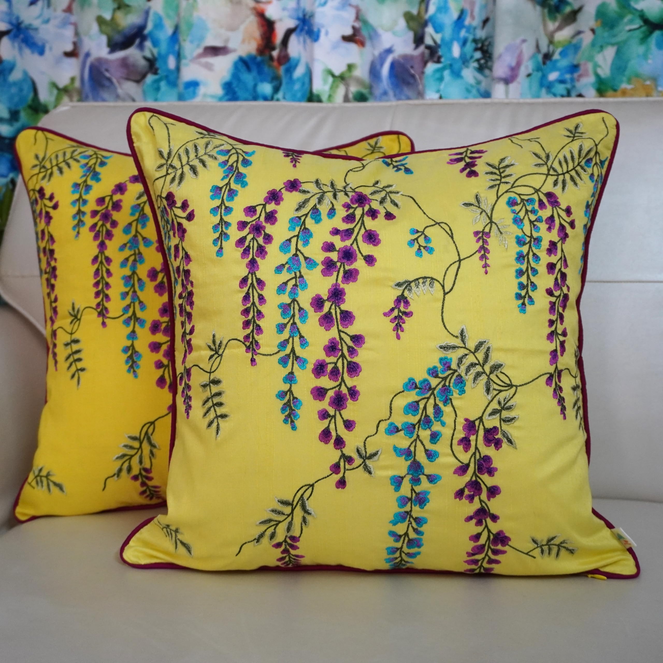 Wisteria Embroidered Cushion Covers - Ocean Blue -8