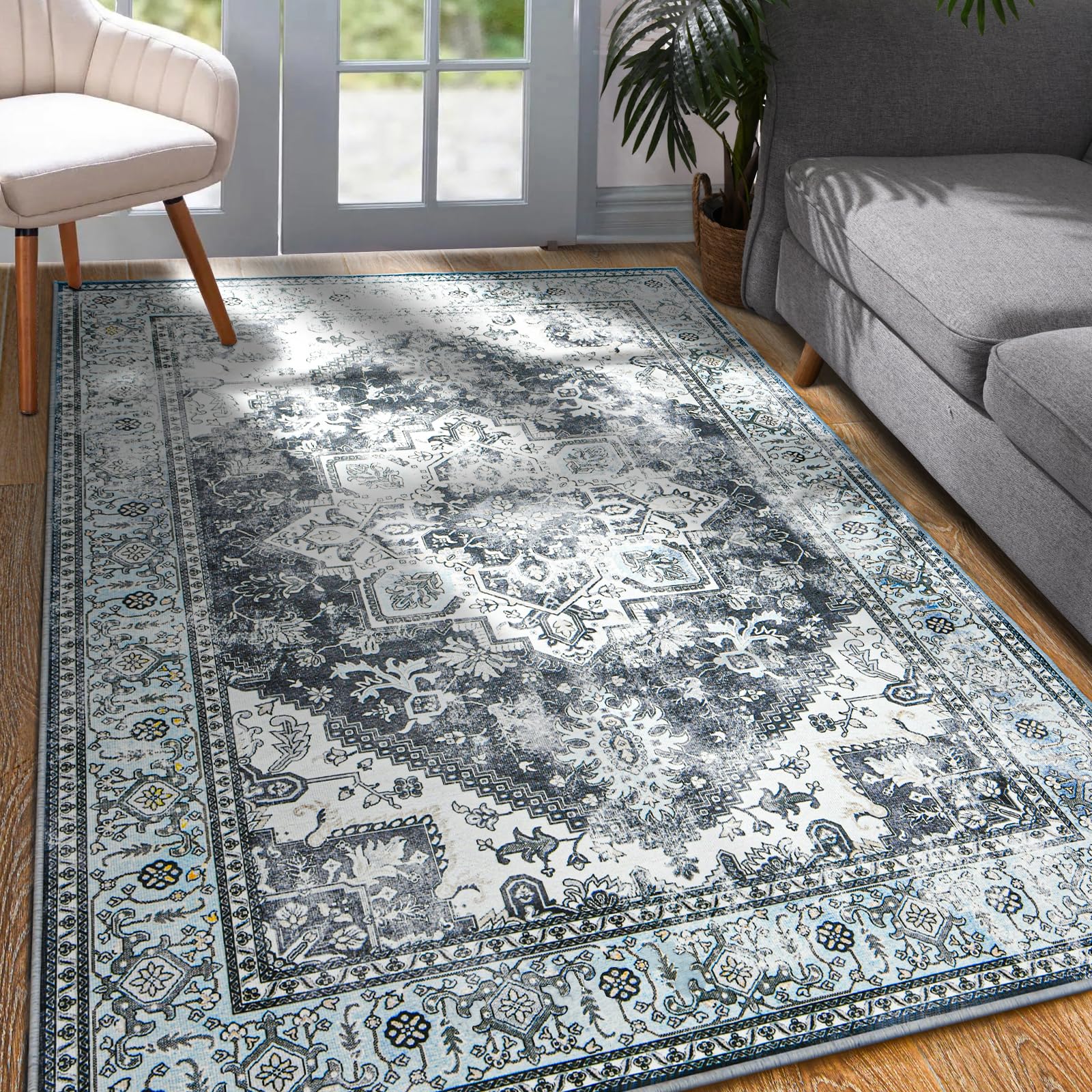 yj.gwl vintage area rug 4x6, washable floral print bedroom living room rug, soft low pile accent rugs for dining room office entryway, non-slip non-shedding indoor home decor floor carpet, blue/grey