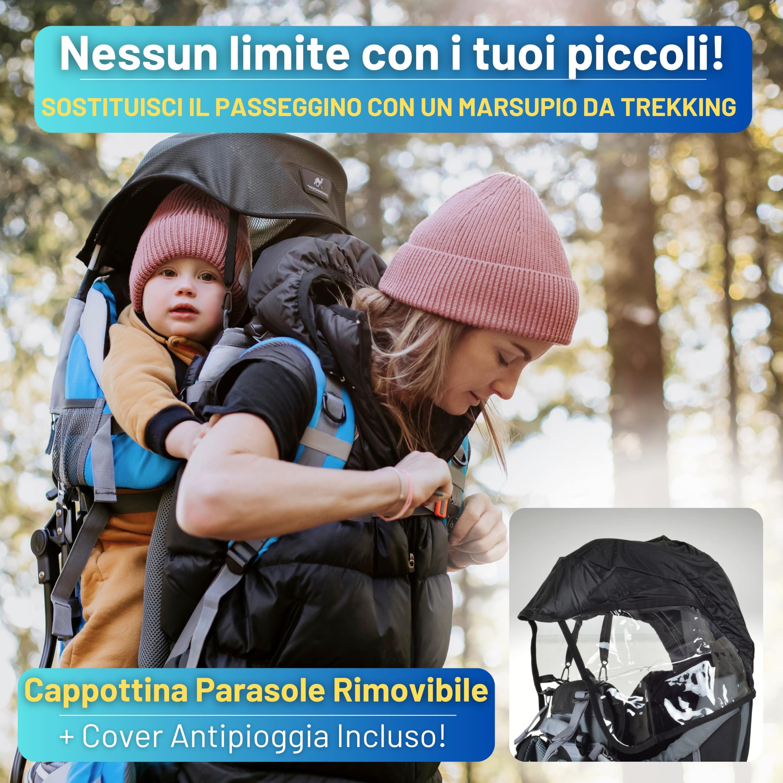 DROMADER Zaino Porta Bambino Montagna - Zaino Porta Bimbo fino a 22kg con Parasole, Parapioggia, Tasca Isolante, Materassino Fasciatoio - Telaio Pieghevole con Una Mano - Blu