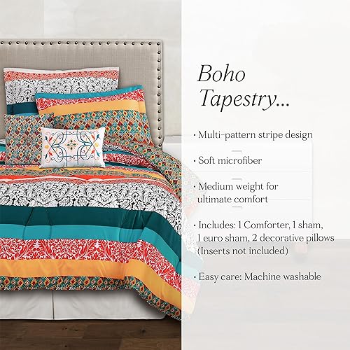 Miniatura 5 de Lush Decor Juego de ropa de cama reversible de 5 piezas con patrón colorido a rayas, bohemio, turquesa, mandarina, tamaño individual XL, turquesa y